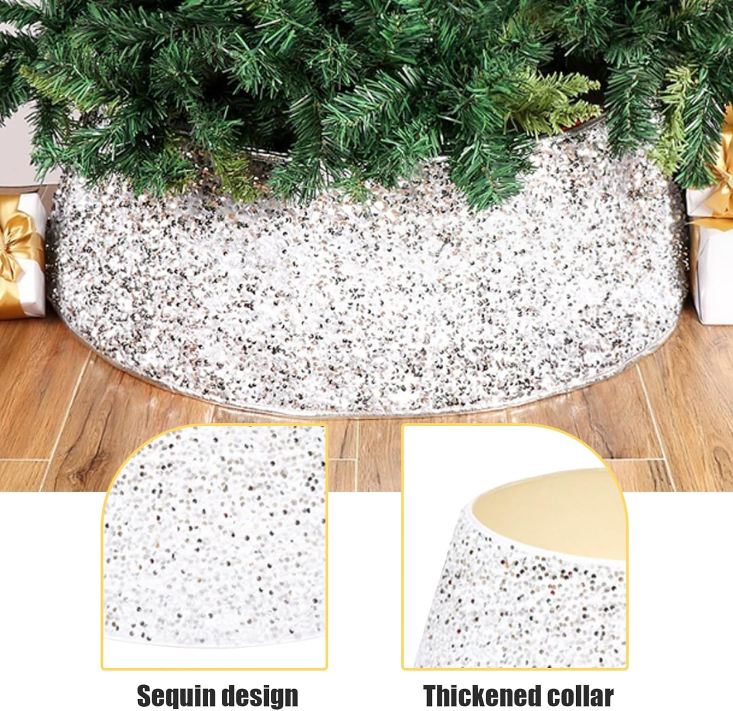 Christmas Tree Collar 28 Inch/70Cm Glitter Tree Collar Shiny Sequins Xmas Tree Skirt Ring Basket Cover Holiday Home Party Christmas Tree Decor Silver image number 6