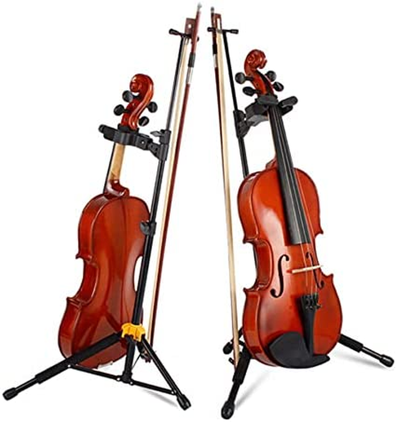 Violin Stand with Bow Holder, Sturdy Gravity Lock, Violin/Viola Foldable Portable Holder Hanger Tripod Display Sponge Protection
