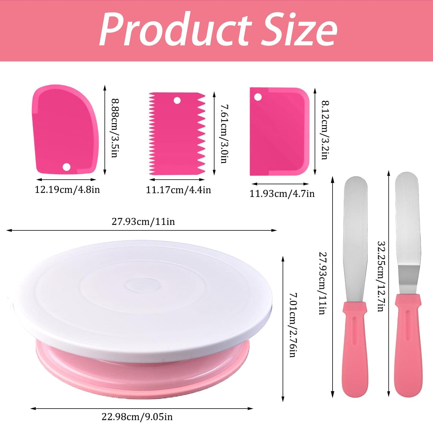 Cake Decorating Kit, 35PCS Cake Decorating Supplies, 11-Inch Rotating Cake Turntable, 7 Piping Tips, 2 Icing Spatulas & 3 Scrapers (Pink) - Blue image number 4