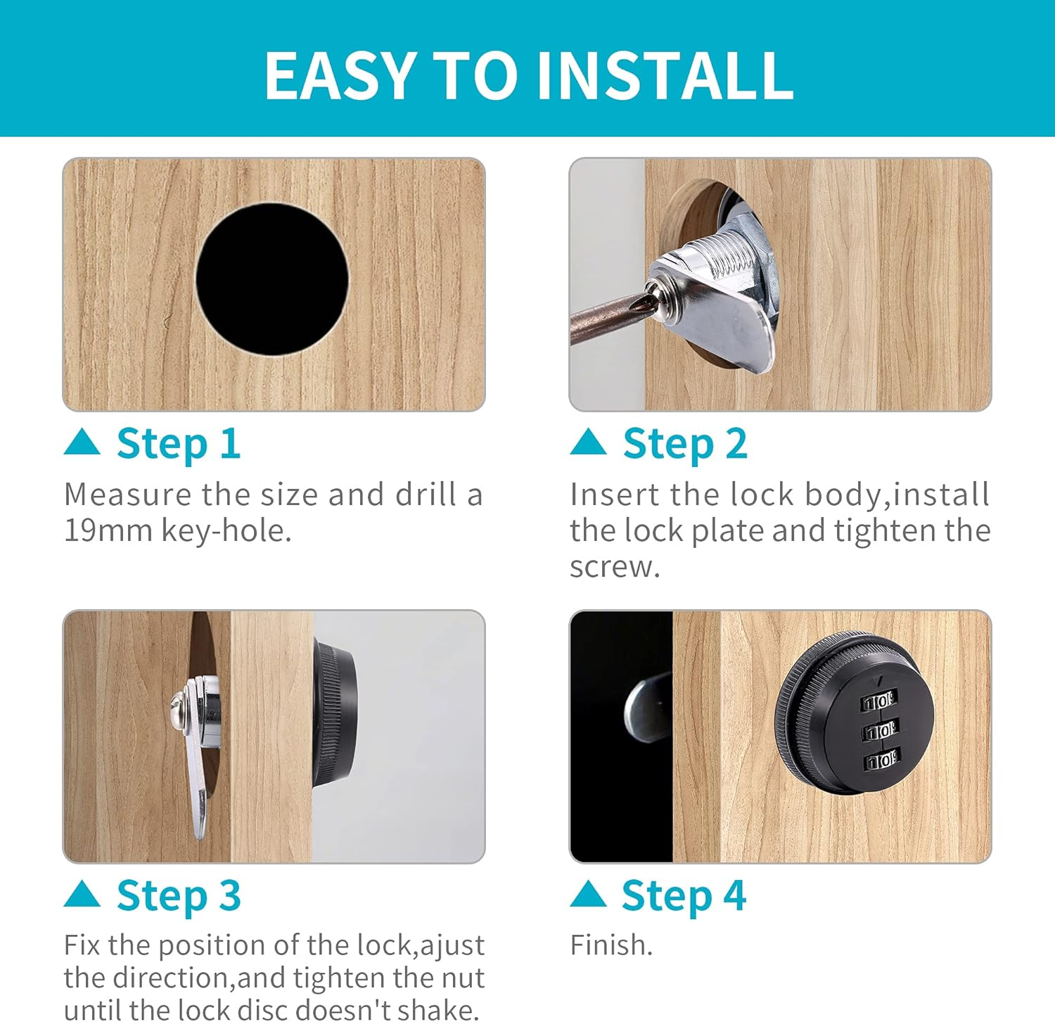 4 Pack Combination Cabinet Lock, Password Coded Cabinet Lock,Combination Cam Locks with 1-1/8'' & 3/4'' Cylinder Chrome Finish,Security Locks for Cabinet Deposit Box Mailbox Black image number 6