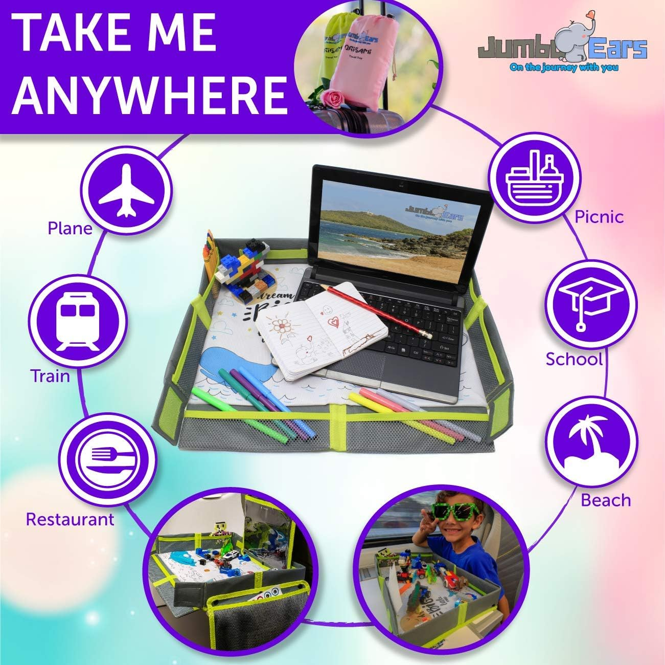 Gray Foldable Origami Kids Travel Tray Placemat Cover, Easy to Setup with Bonus Portable Multipurpose Side Pockets Organizer for Tablets and Phones Activities or Snacks for Toddler image number 2