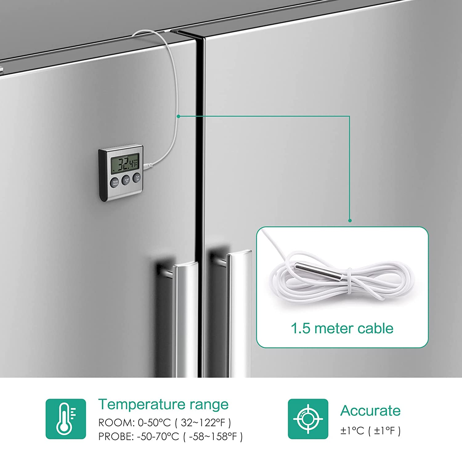 ORIA Digital Refrigerator Thermometer, Fridge Thermometer with High Low Temperature Alarm, Memory Function, Battery Operated - Black image number 5