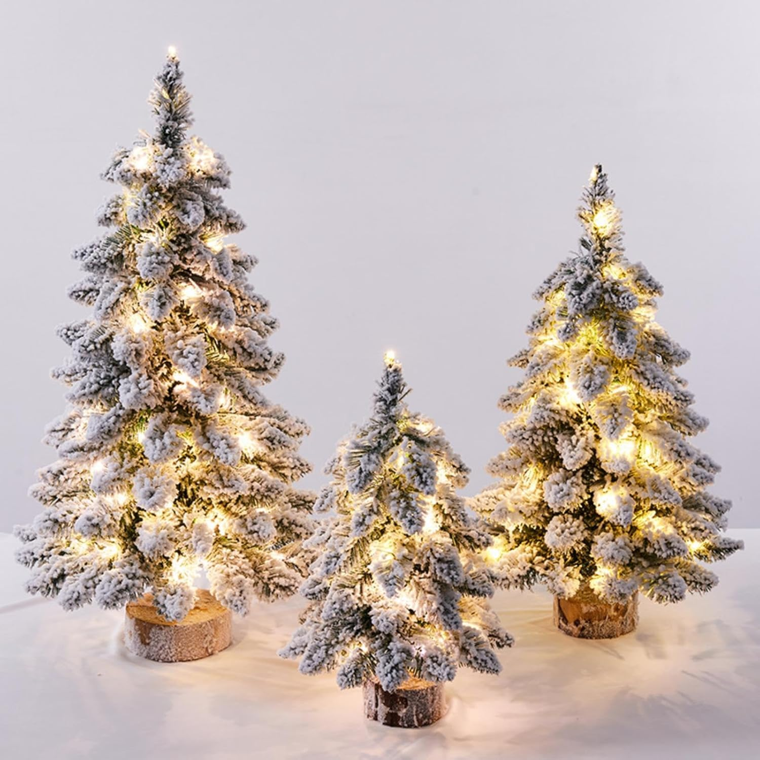 Xinyee 1 Prelit Tabletop Christmas Tree Snow Flocked Christmas Tree with Led Lights Wood Base Mini Xmas Pine Tree for Table Desk Home Christmas Decor image number 2