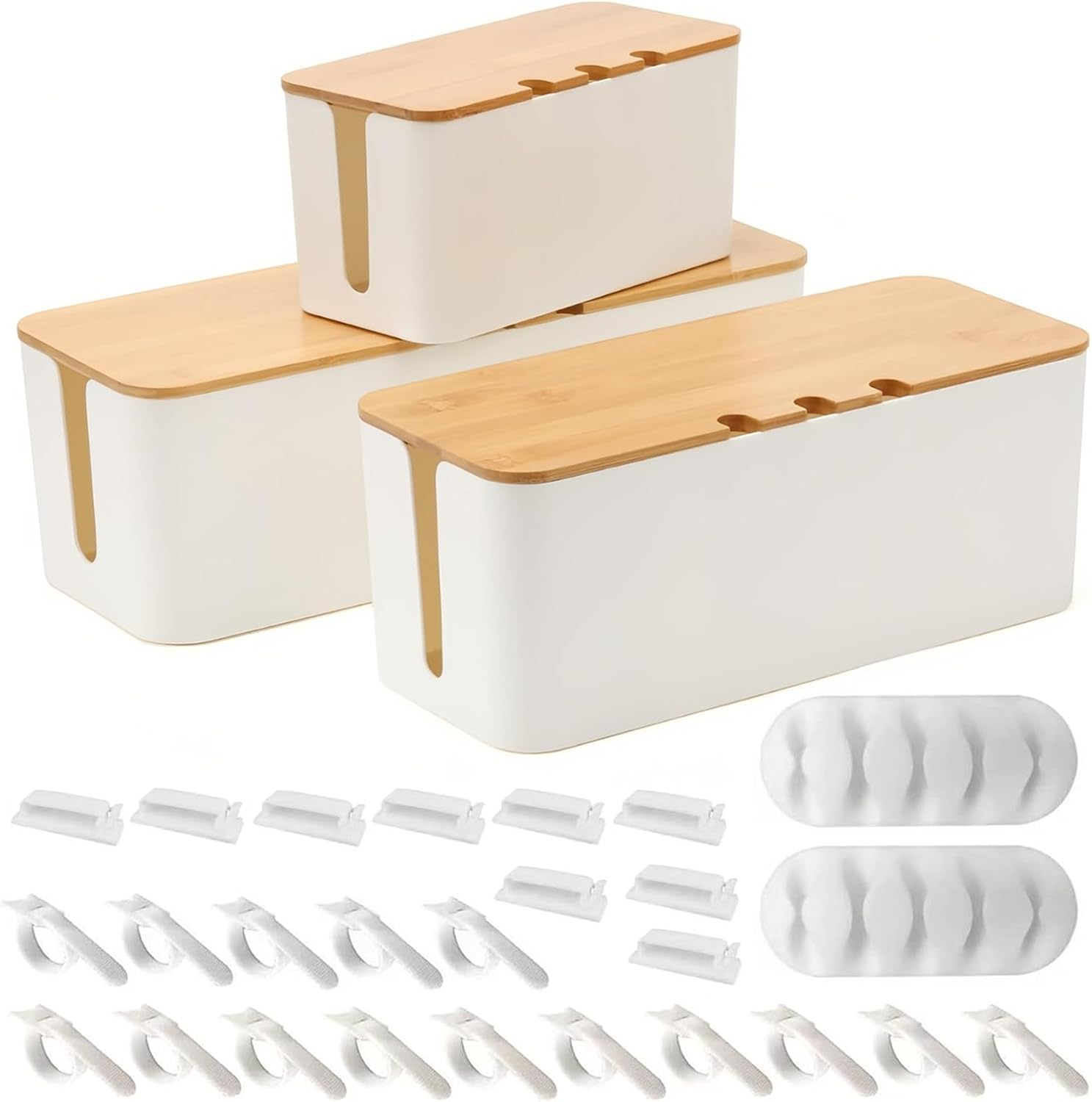 3 Sets of Cable Management Box,Bamboo Cover Cable Organizer Box Storage Tidy for Desk TV Computer USB Hub Phone Holder, Powerboard Charging Cable image number 2