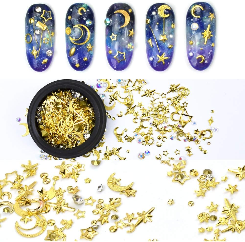 3D Gold Nail Studs Gems Mixed Sparkle Rhinestones Crystals Pearls Beads Hollow Moon Star Metal Rivets Charms Micro 3D Nail Art Decoration for DIY Jewelry Diamonds Women Manicure(2 Boxes) image number 3