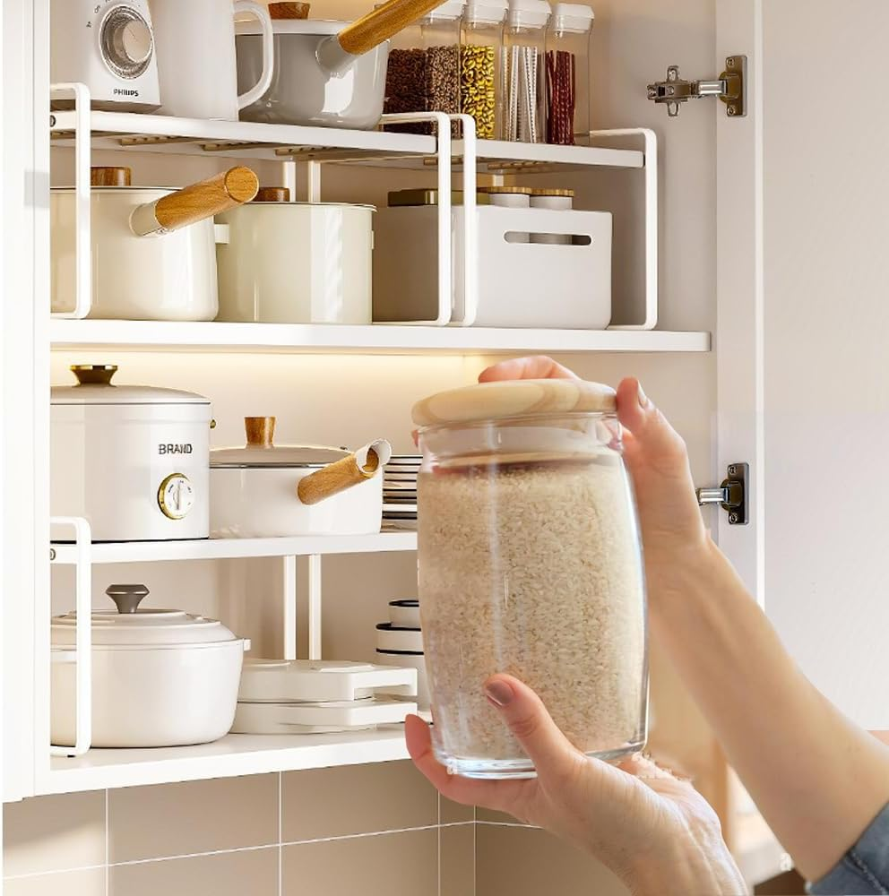 Kitchen Cabinet Organiser, Shelf Insert with Non-Slip Mat, Kitchen Cabinet Insert, for Kitchen/Bathroom/Tabletop/Sideboard (White) image number 1