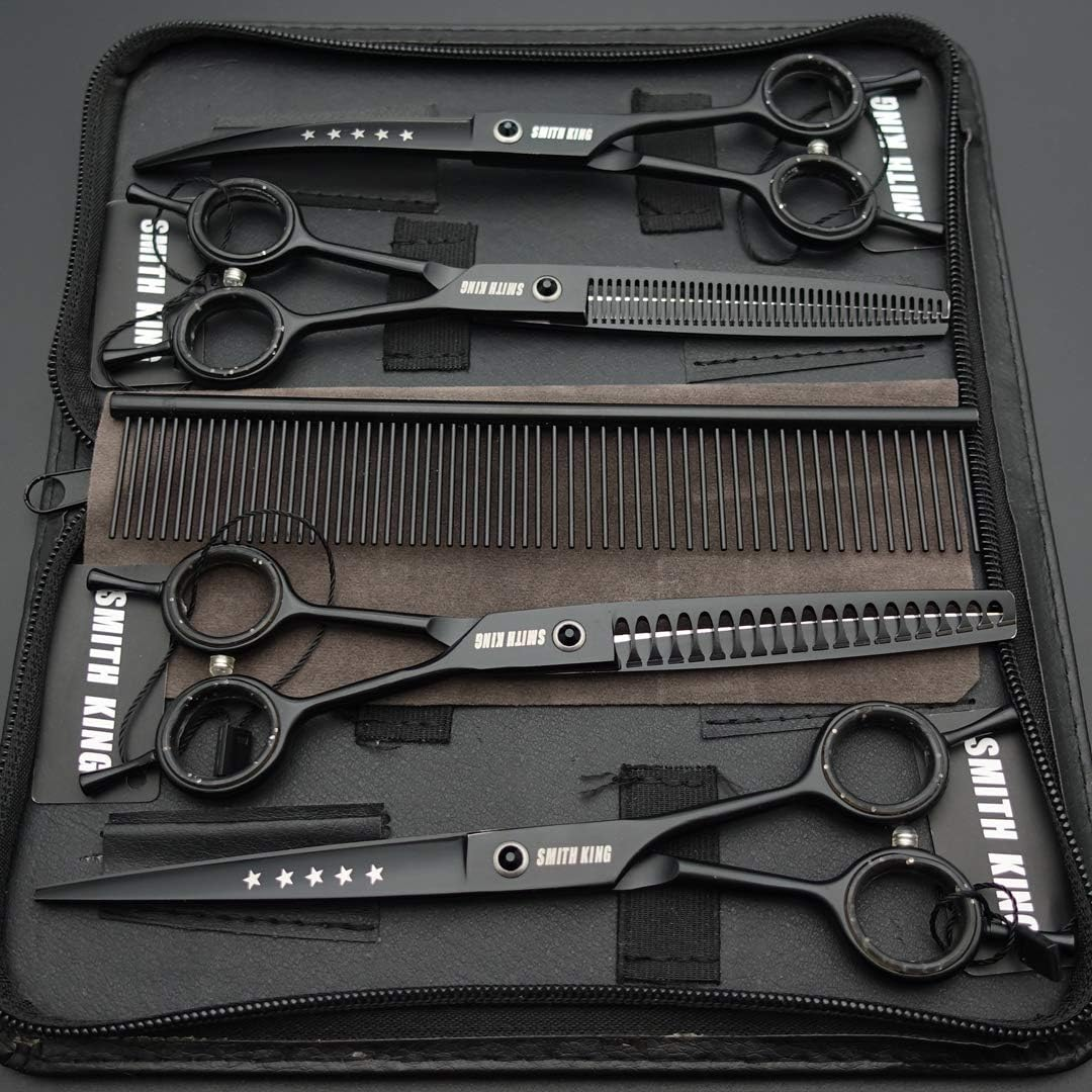 7.0 Inches Professional Dog Grooming Scissors Set Straight & Thinning & Curved & Chunkers & Comb 5Pcs in 1 Set for Left-Handed & Right Handed Black image number 4