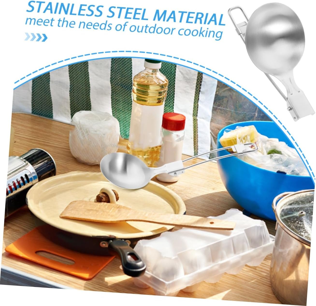 Kisangel Ergonomic Folding Spoon Multi-Use Camping Cooking Utensil Reusable Travel Cutlery Stainless Steel Soup Ladle for Outdoor Adventures image number 1