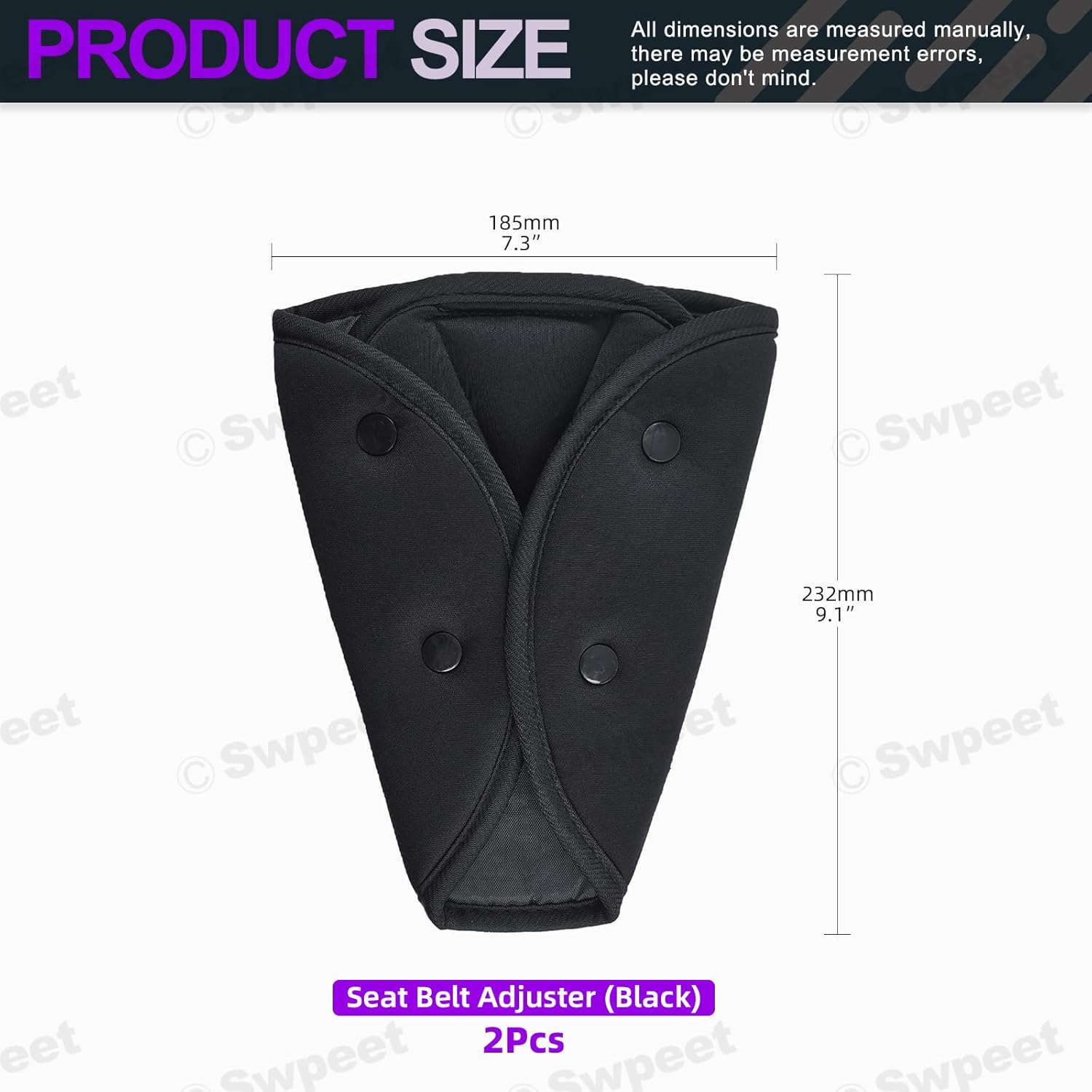 Swpeet 2Pcs Black 7.3 X 9.1 Inches Seat Belt Adjuster, Auto Shoulder Neck Strap Adjuster Strap Protector Pad, Safety Strap Triangle Positioner Seat Belt Clips Ideal for Adult Toddler Baby Child