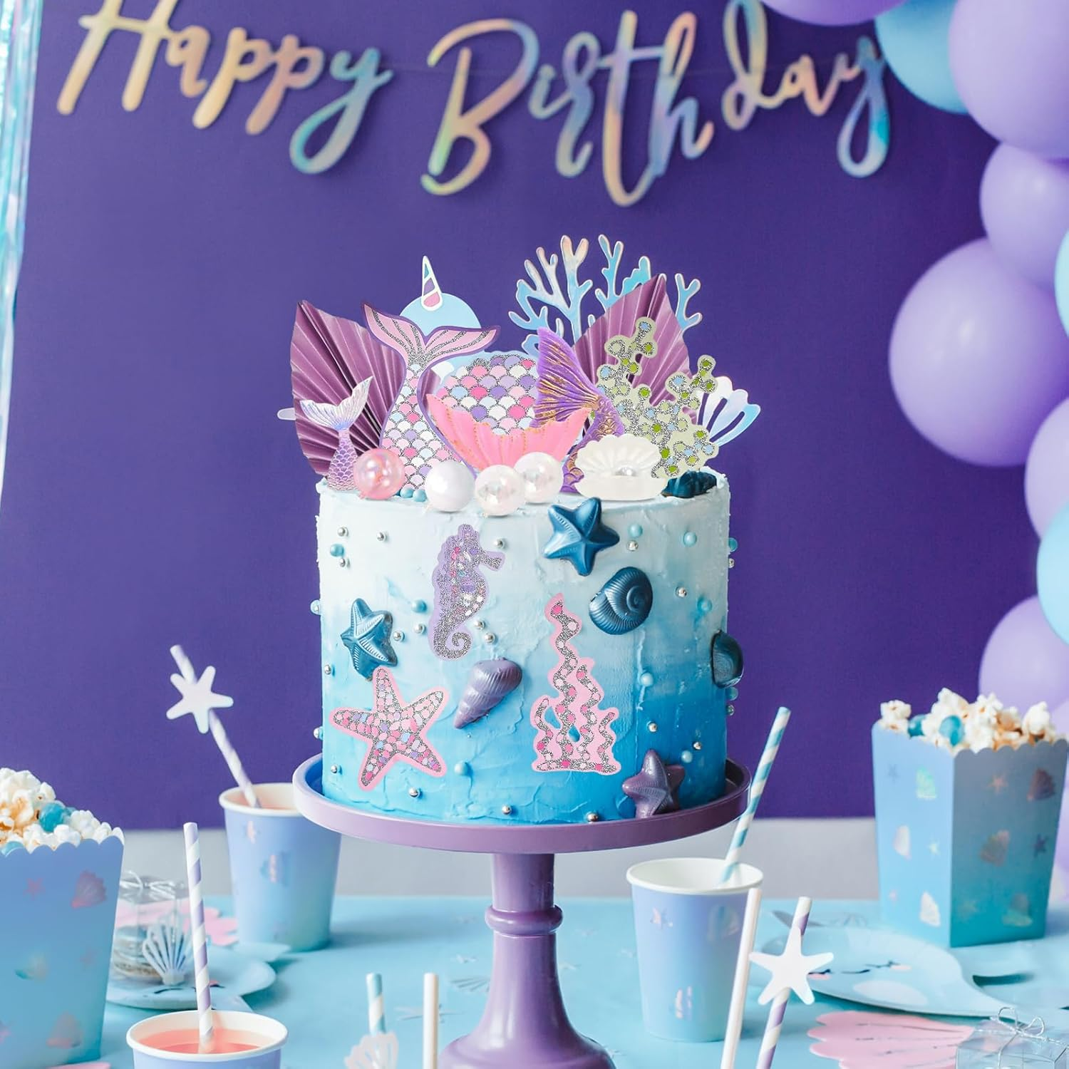 22 Pcs Mermaid Cake Topper, Mermaid Theme Cake Decorations Tail Starfish Seaweed Shell Seahorse Bubble Palm Leaf Cupcake Picks for under the Sea Theme Baby Shower Birthday Party