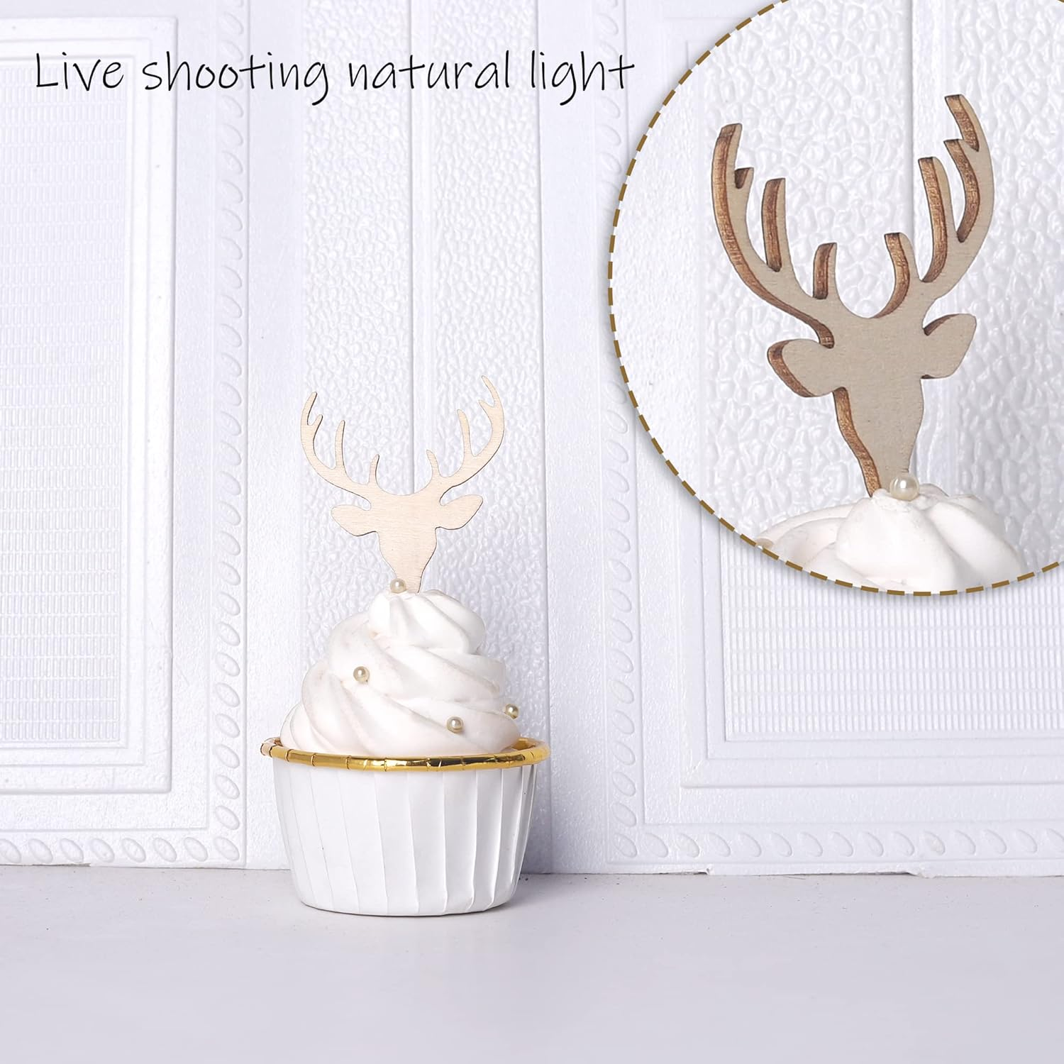 Rsstarxi 24 Pack Christmas Deer Cupcake Toppers Wooden Deer Antler Cupcake Picks for Baby Shower Wedding Hunting Rustic Country Kids Birthday Christmas Party Cake Decorations Supplies