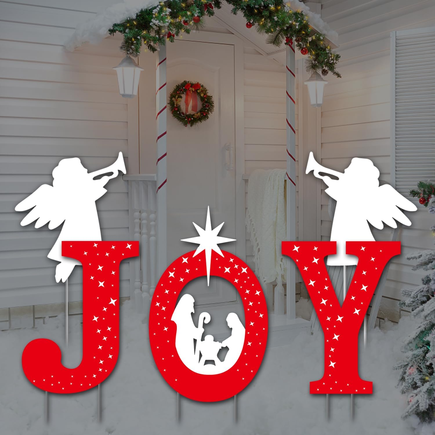 Outdoor Christmas Decorations -Joy Nativity Sets for Christmas Outdoor Xmas Nativity Lawn Religious Scenes Yard Decor with Stake for Home Lawn Red, White with Lamp (Red,White with Lamp) image number 5