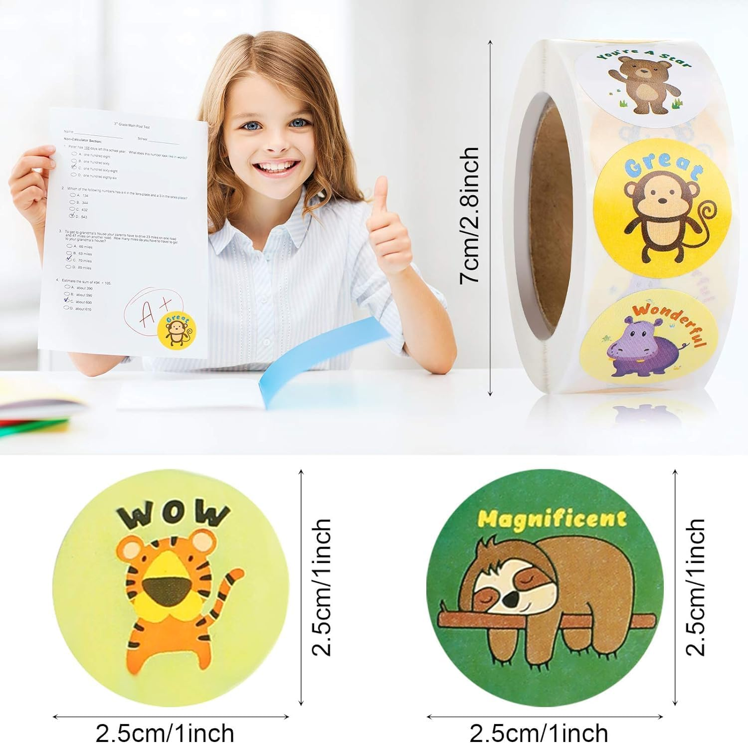 2500 Teacher Bonus Stickers for Children'S School - Animal Cartoon Paper Stickers 1 Inch - 5 Rolls 40 Labels image number 6
