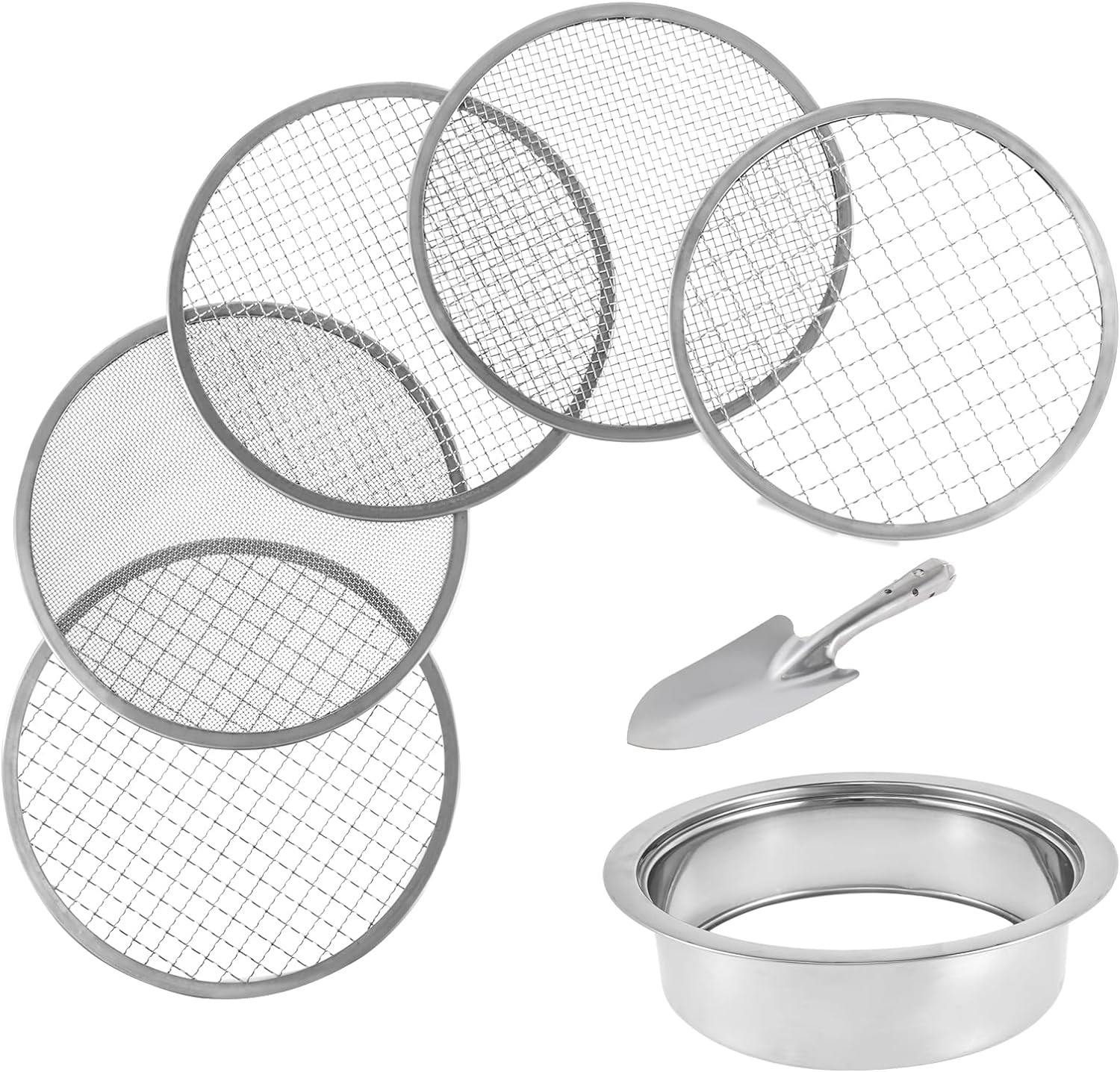 Soil Sieve Set with 5 Interchangeable Meshes Sizes 1/3/6/9/12Mm, Stainless Steel Riddle Sieve Pan with Shovel 24Cm Garden Potting Soil Sifter for Gardening Dirt Sand Soil Rocks image number 3