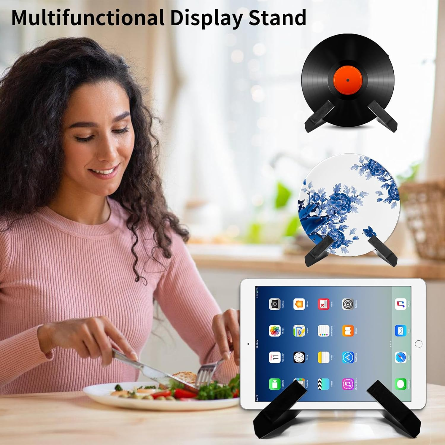 Cookbook Stand for Kitchen, Black Recipe Book Holder for Counter, Wooden Cookbook Holder, Wooden Plate Holder Display Stand for Tabletop