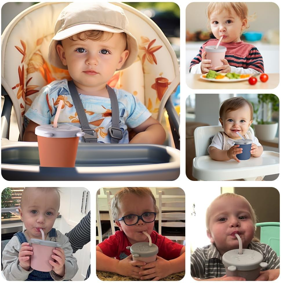 Haakaa Jolly Hippo Baby Straw Cup, Food Grade Silicone Baby Training Sippy Cups for Infant 6+ Months, BPA Free First Open Cup & Snack Container for Toddlers, 5Oz (Blush)