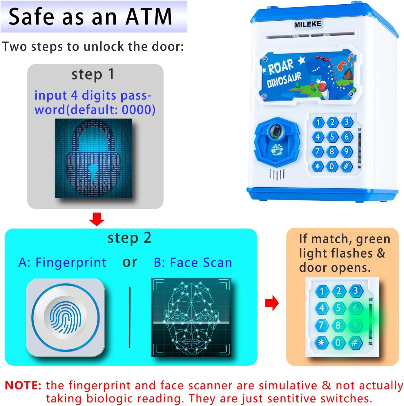 MILEKE Electronic Piggy Bank for Kids Toys, Password + Fingerprint/Face Recognition, ATM Money Bank, Auto Roll-In Cash Safe & Coin Saving Bank, Blue Dinosaur image number 5