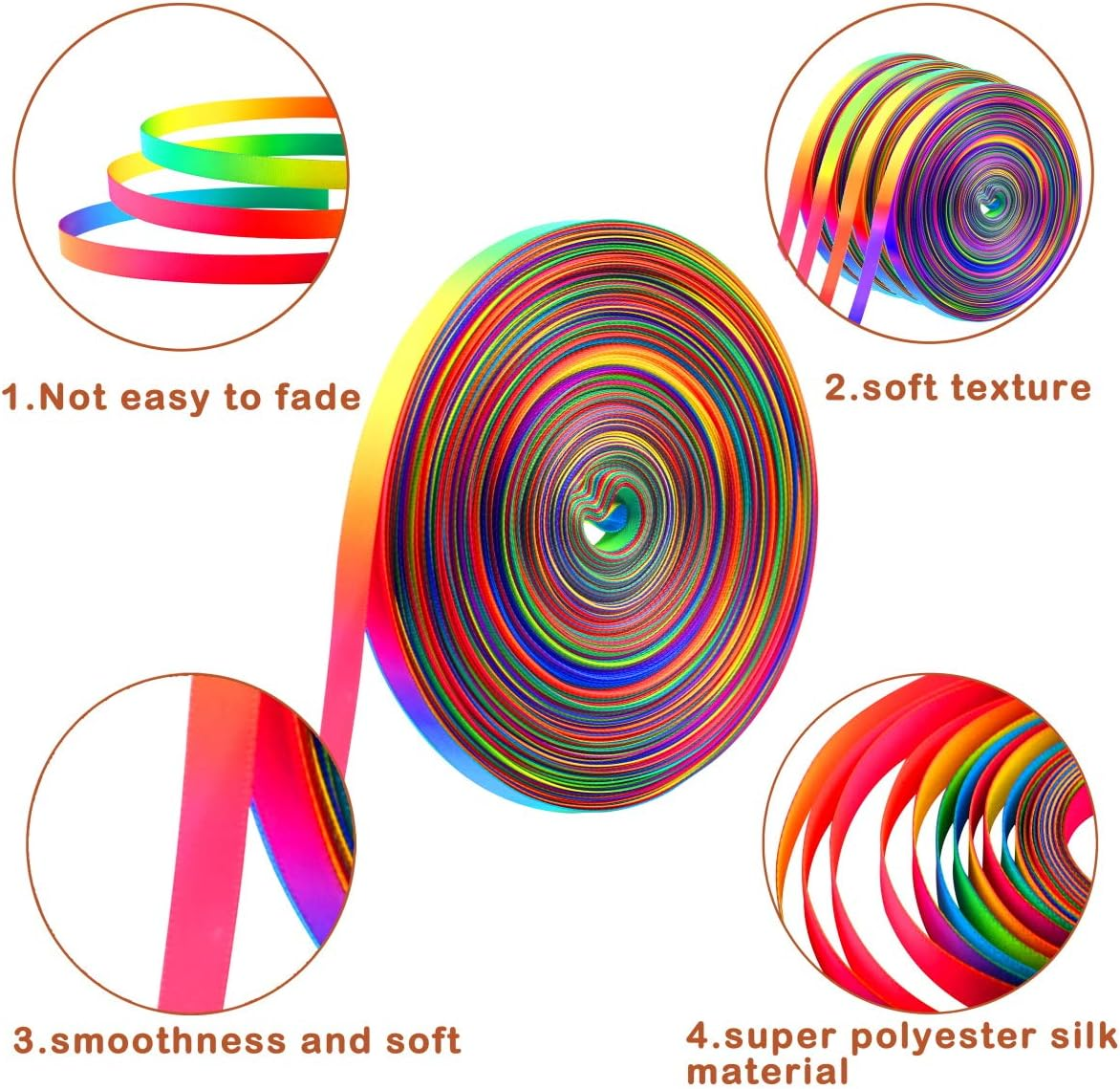 Teemico 50 Yards Satin Ribbon Gradient Rainbow Printed Double Side Satin Polyester Ribbon for DIY Handmade (9Mm Wide) image number 1