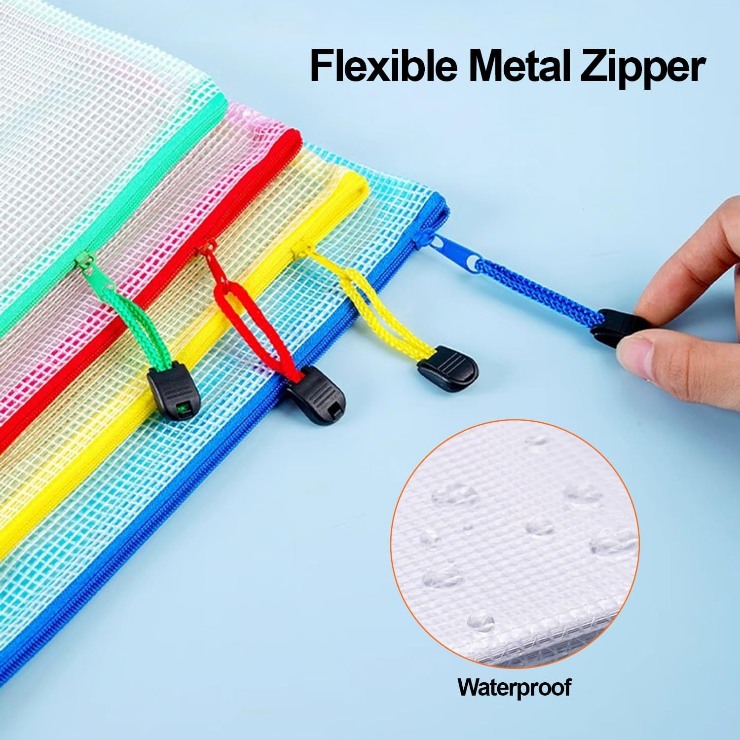 COZY CORE 18Pcs Mesh Zipper Pouch, 8 Sizes Waterproof Plastic Document Pouch, 9 Colors, Waterproof Zipper Bags, Multipurpose for Travel Storage, Office Appliances and Home Organize image number 6