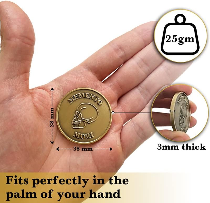 STOIC STORE UK Memento Mori Coin, Momento Mori Coin for Daily Stoic Practice, Marcus Aurelius Stoic Coin, Brass EDC Challenge Coin Stoic Medallion Bronze Plating, Memento Mori Medallion Stoic Coins image number 4