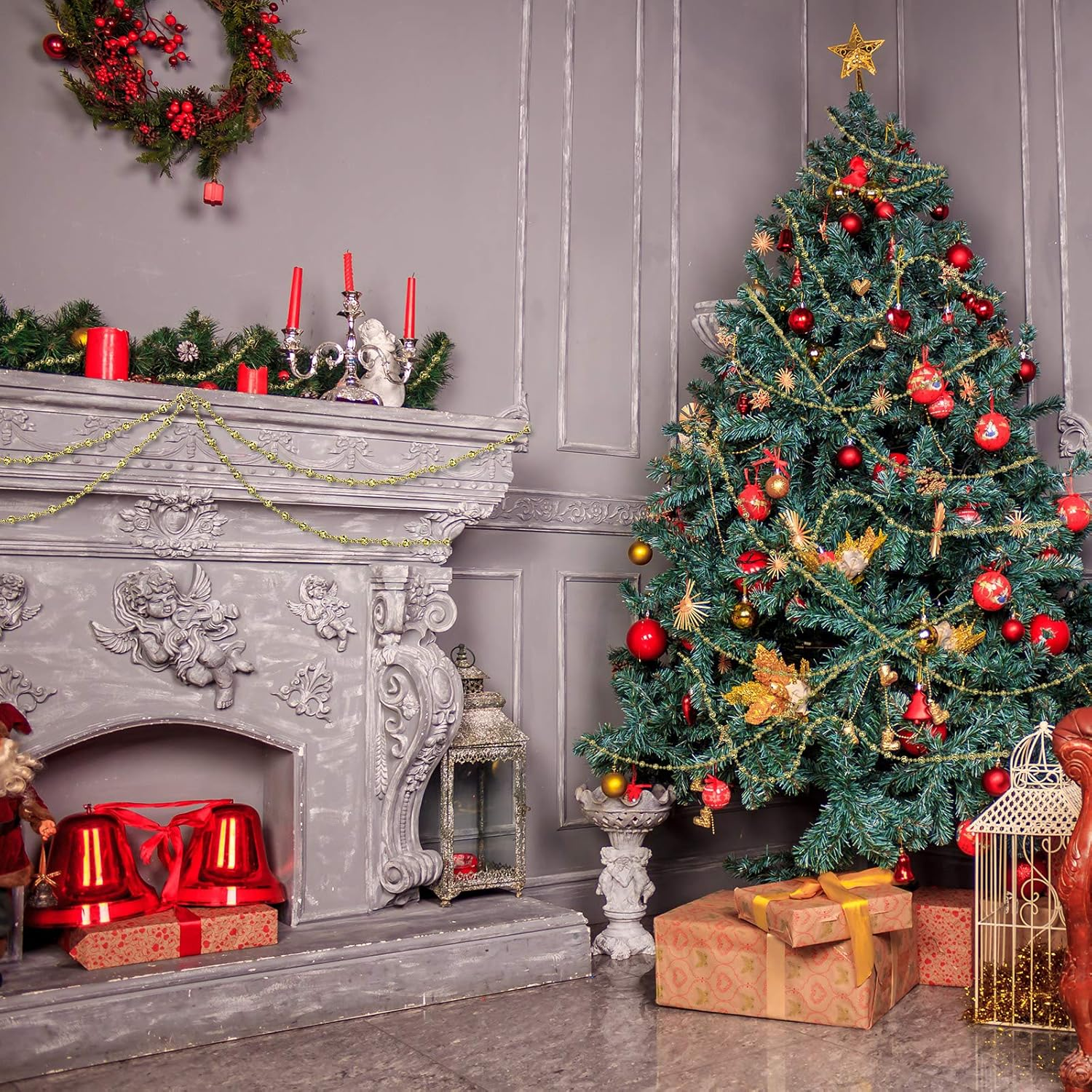 WILLBOND 32.8 Feet Christmas Tree Beads Beaded Garland Strand Plastic Pearls Beads Garland Crystal Bead Roll for Christmas and Holiday Decorations (Gold) - Gold image number 5