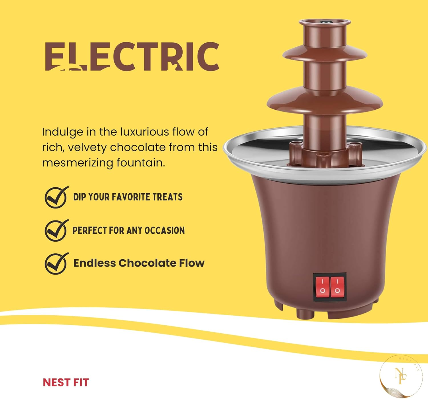 NEST FIT | Chocolate Fountain | 3-Tier Stainless Steel Chocolate Fondue Fountain Set for Parties & Home Use | Perfect for Chocolate, Cheese, Hot Sauce & Melting Fondue | Large Pot for Hot Chocolate