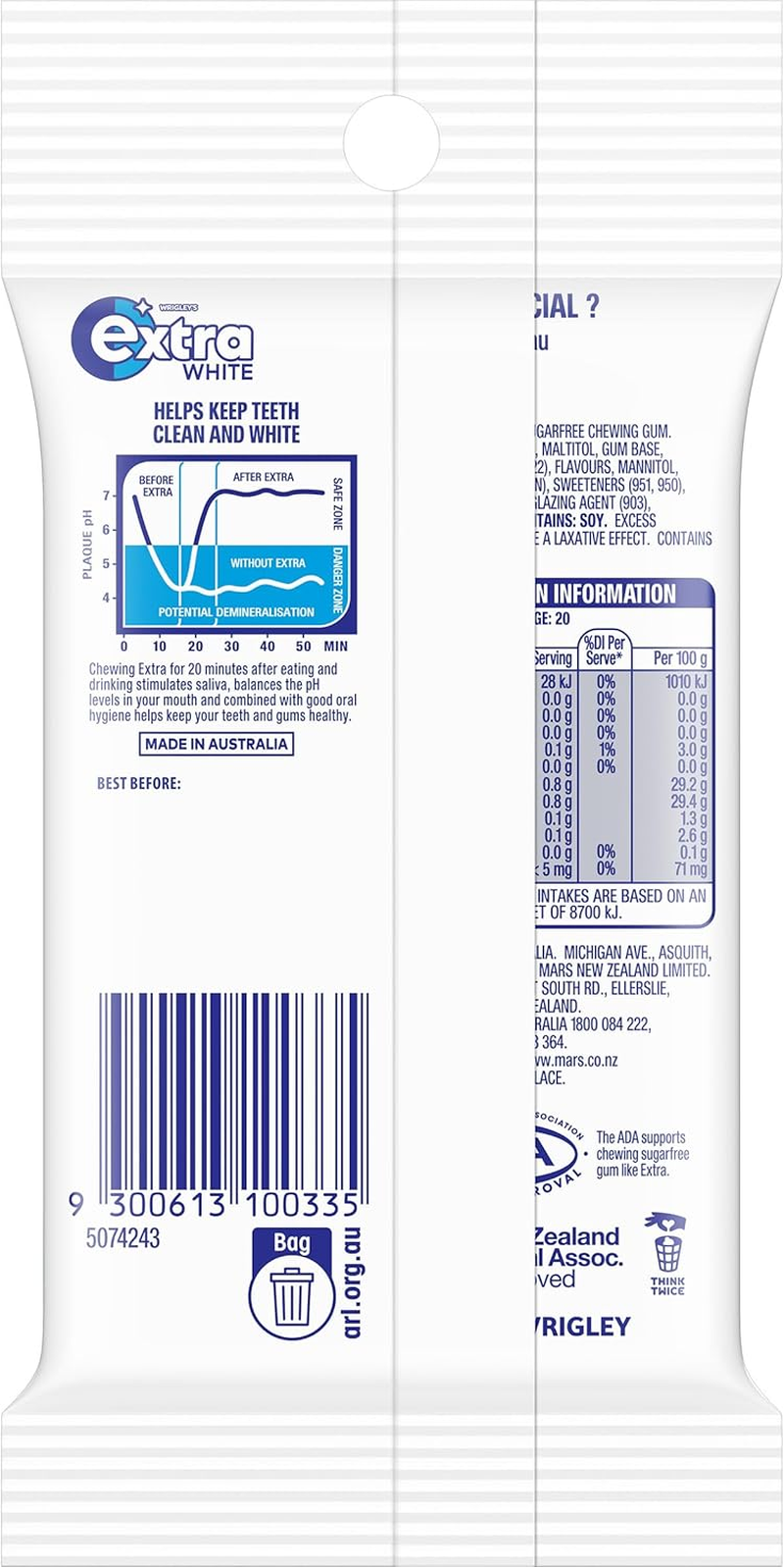 Extra White Peppermint Flavour Sugar Free Chewing Gum 56 G