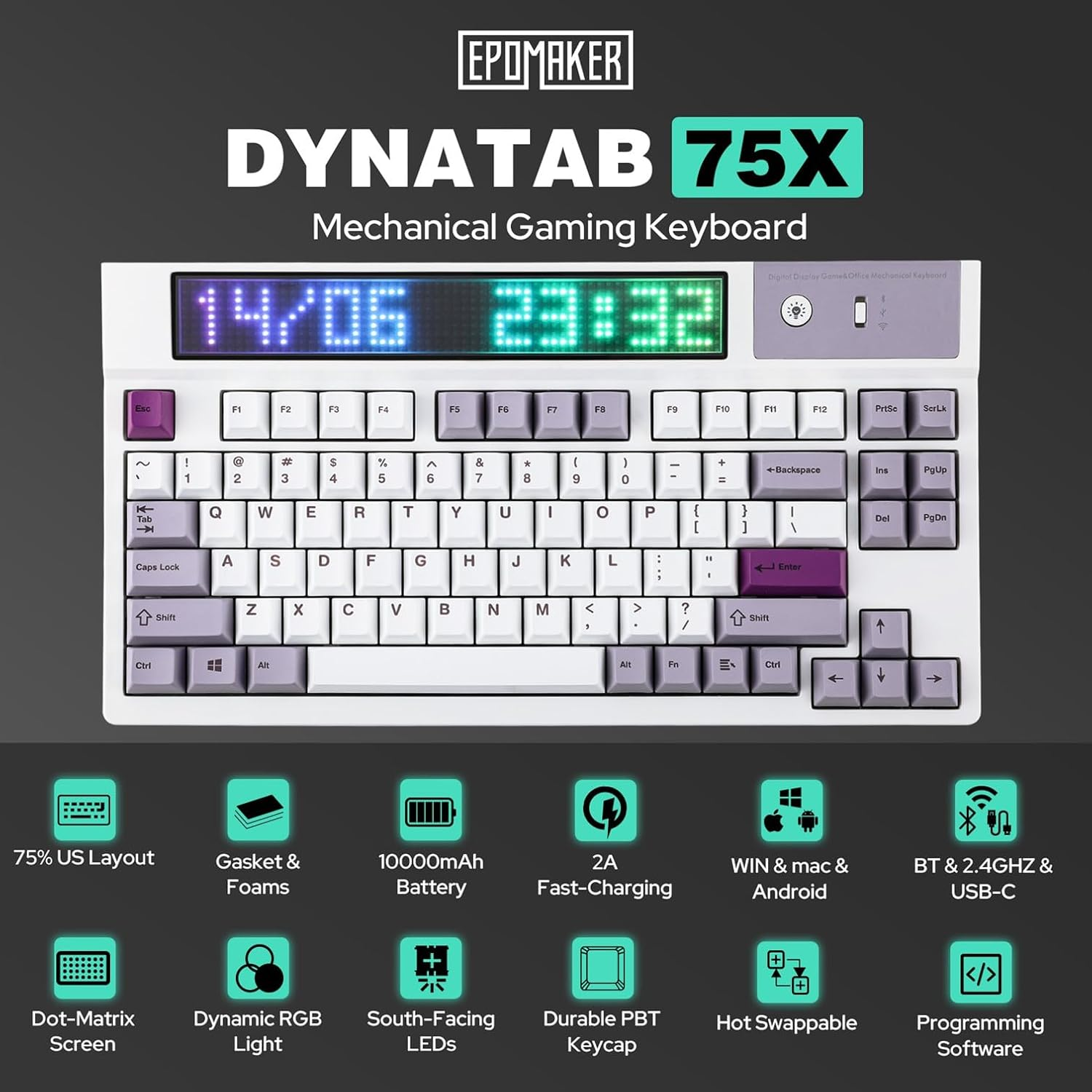 EPOMAKER Dynatab 75X Wireless Gaming Keyboard with Custom Dot-Matrix RGB LED Screen, Hot Swap Gasket-Mounted Mechanical Keyboard, Bluetooth/2.4G/Usb-C Custom Keyboard (White, Flamingo Switch) image number 6