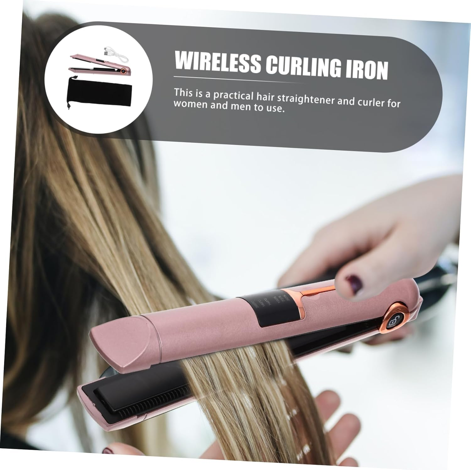 Hair Straightener Curler Portable Curling Wand Cordless Rechargeable Hair Styling Tool with Adjustable Temperature for Home and Travel Use for Women and Men