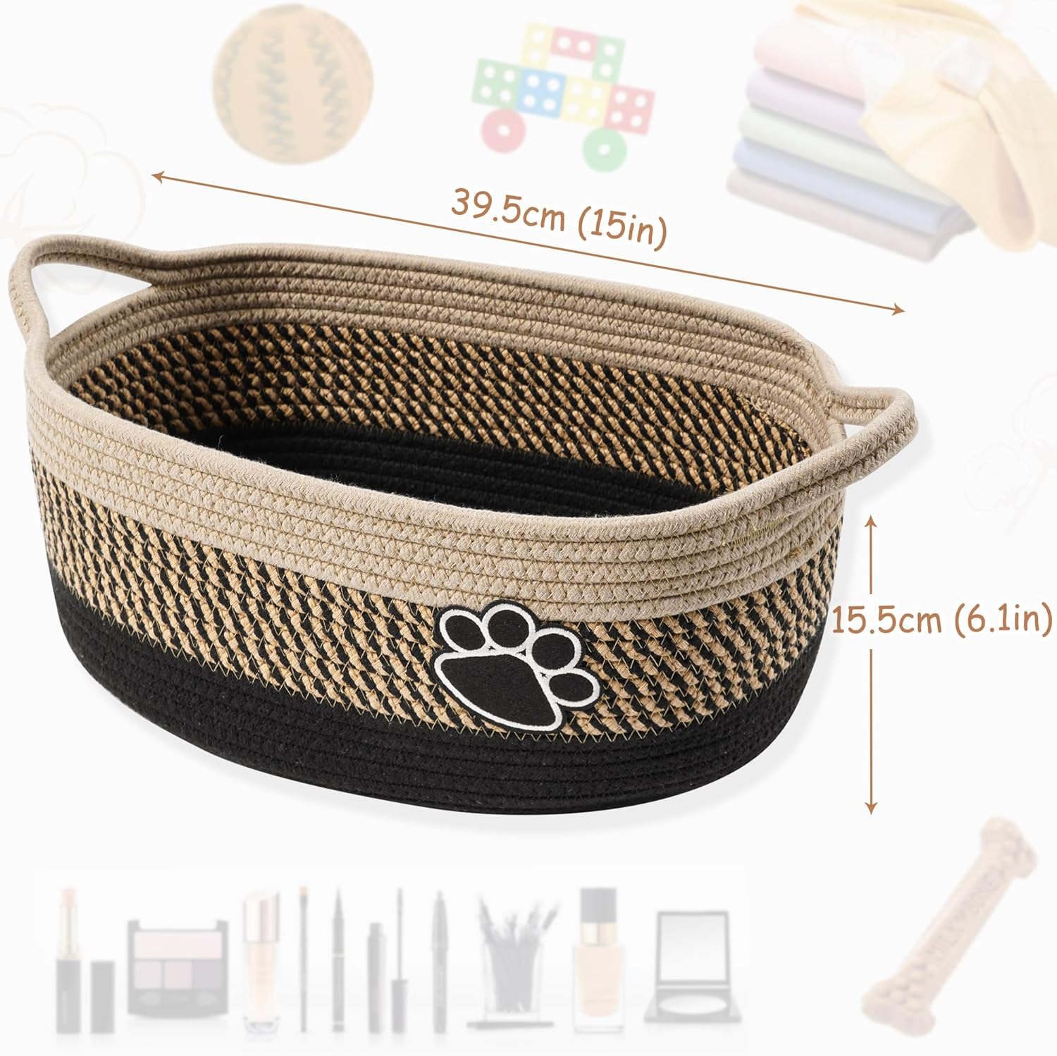 Small Woven Baskets for Organizing Rope Storage Basket with Handle Cute Cotton Nursery Gift Dog Toy Bins Organizer-Light Beige image number 3