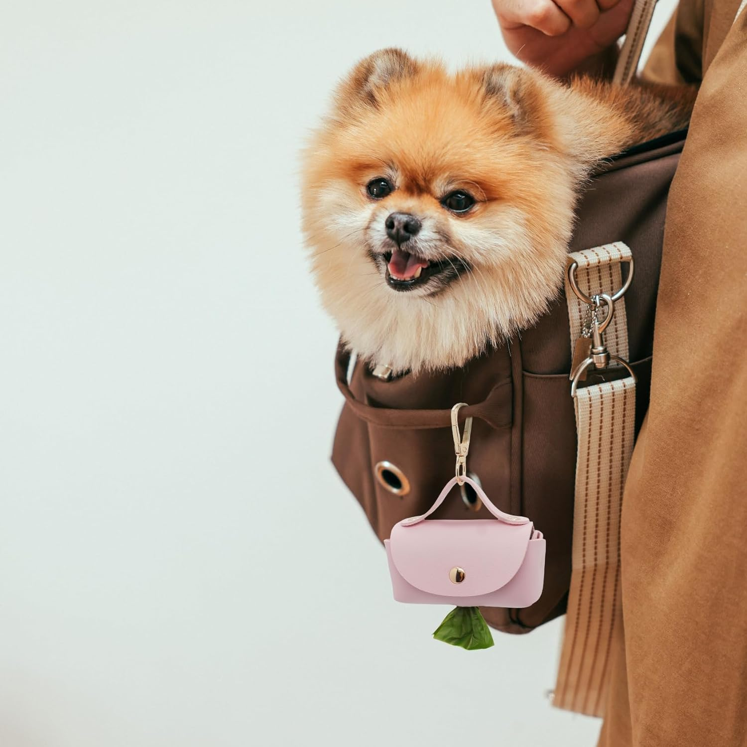 Leather Poop Bag Holder Dispenser for Leash, Portable and Reusable Dog Poop Bag Dispenser, Dog Bag Holder for Walking, Outdoor, Travelling (Pink) - Beige image number 6