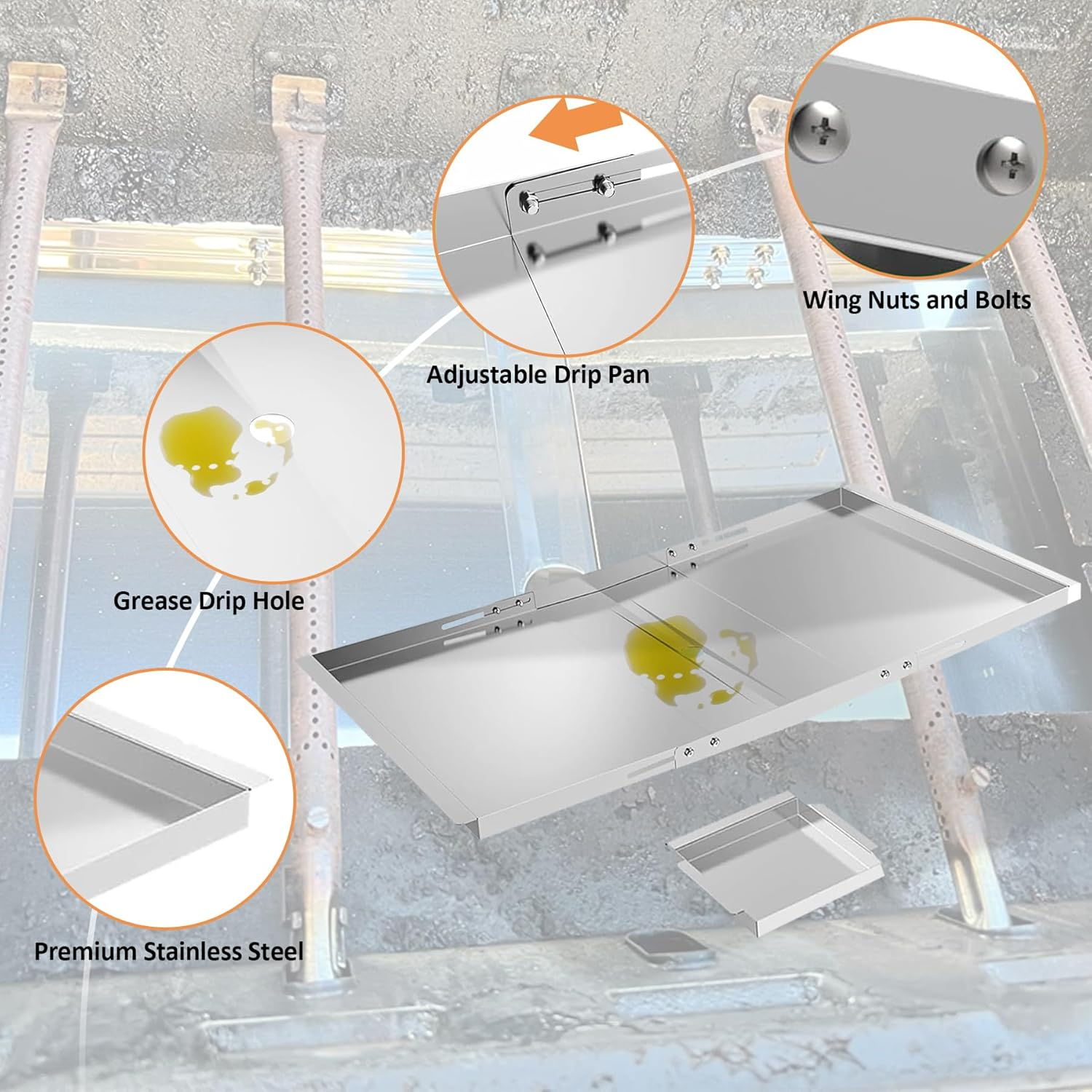 Adjustable Grease Tray with Catch Pan, Universal Drip Pan for Dyna-Glo Grills, Replacement Parts for 3/4/5 Burner Gas Grill Models, Fits Nexgrill Grills, for Expert Grill and More (Length 61 CM-76 CM) image number 5