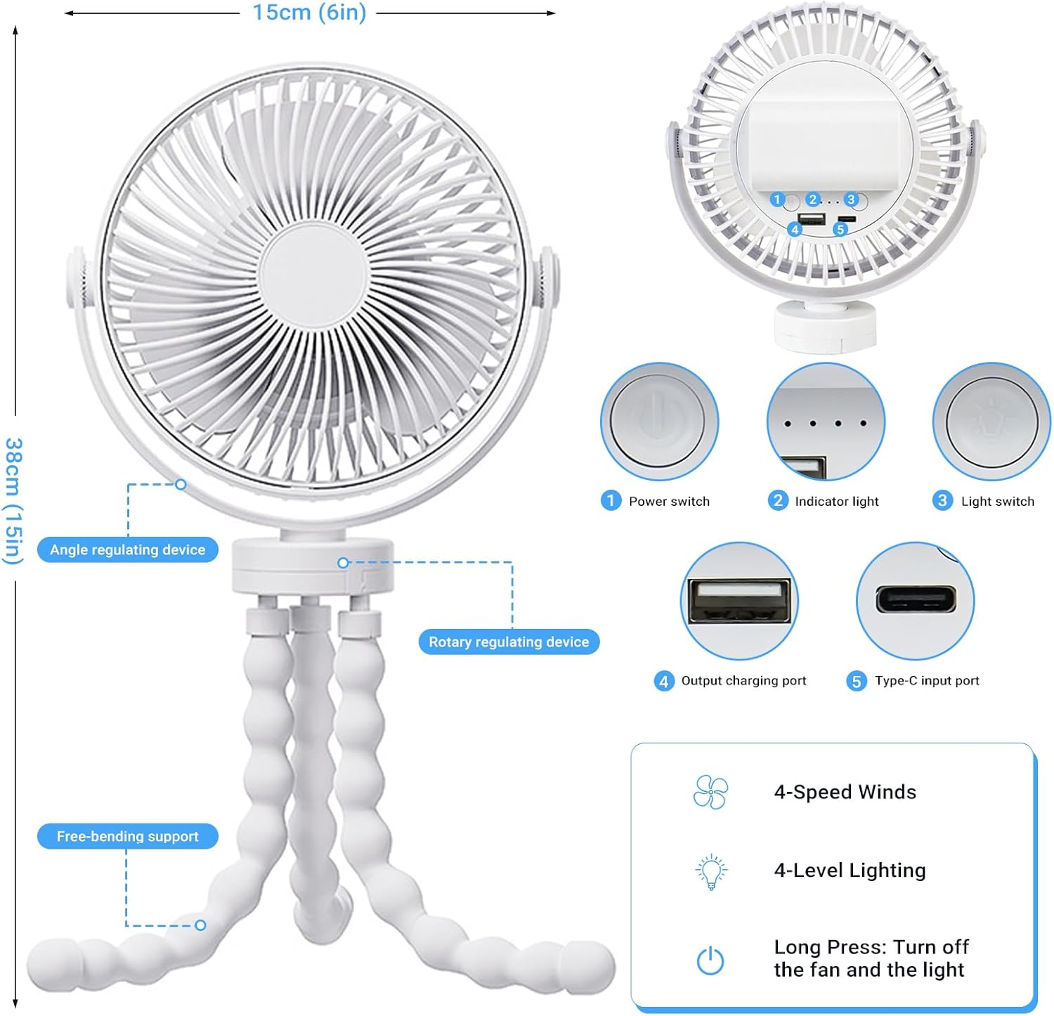 USOR Pram Fan, 4 Speed Portable Clip on Stroller Fan for Baby5000Mah Battery Operated Personal Desk Fans with Flexible Tripod Mini Handheld Usb Fan Rechargeable for Car Seat Treadmill Camping Black image number 4