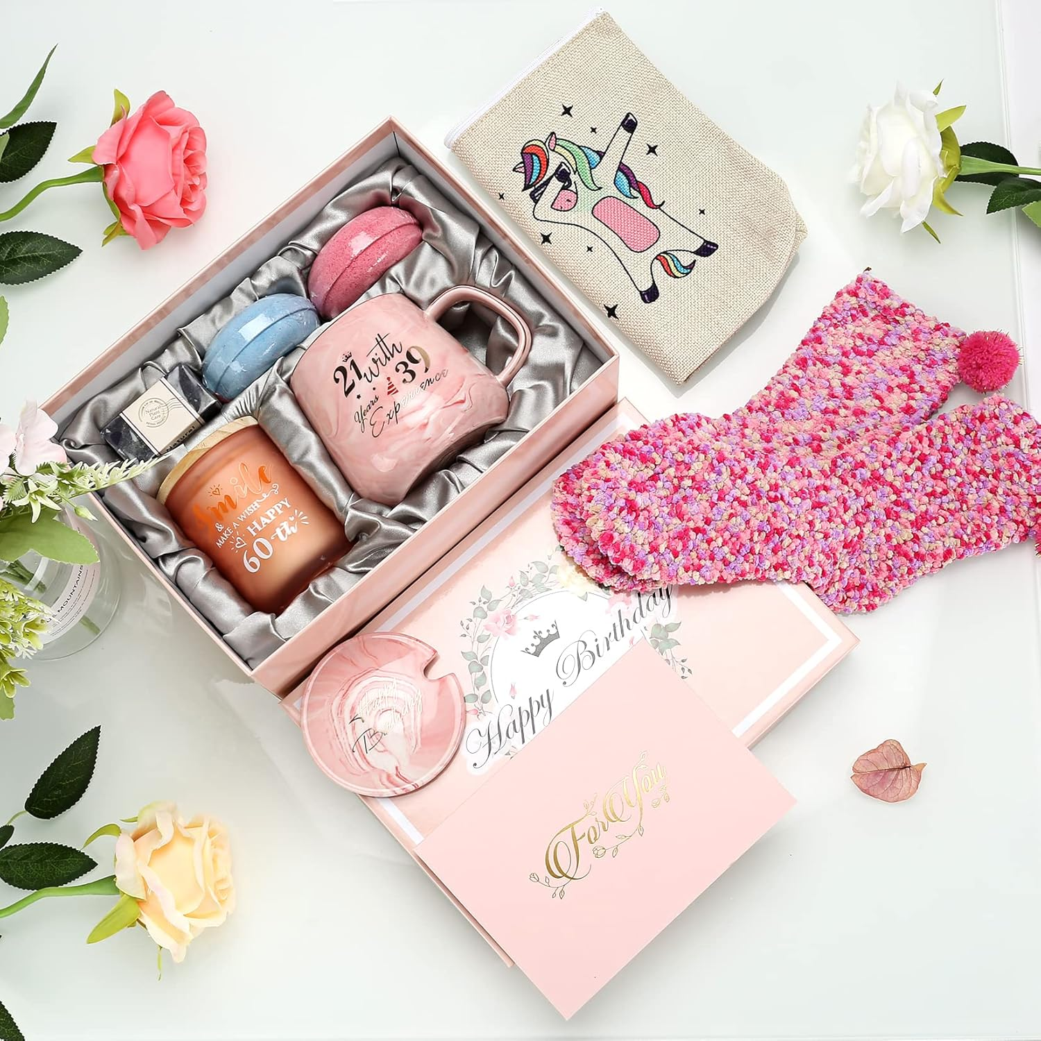 60Th Birthday Gifts for Women, Birthday Pamper Gifts for Mum Sister Wife Grandma Mom, Pamper Kit Self Care Package for Women Relaxing Bath Sets Spa Gift Baskets for Best Friend, Coffee Cup, Candle image number 3