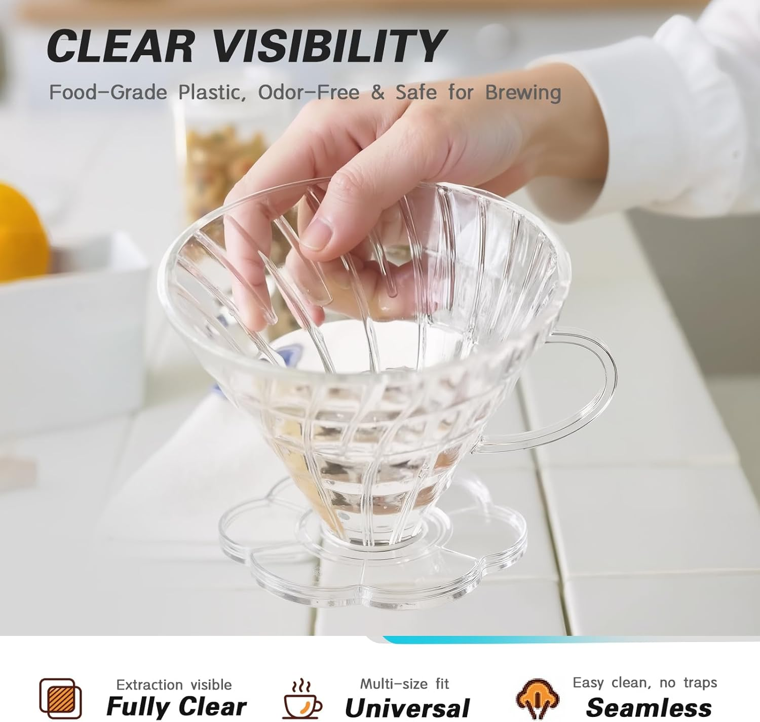 Direct V60 Coffee Dripper Size 02, 1-4 Cups, Clear, High Temperature Resistant Plastic Pour over Coffee Maker Coffee Filter Cup with Base, Slow Brewing Accessories for Home, Cafe, Travel image number 3