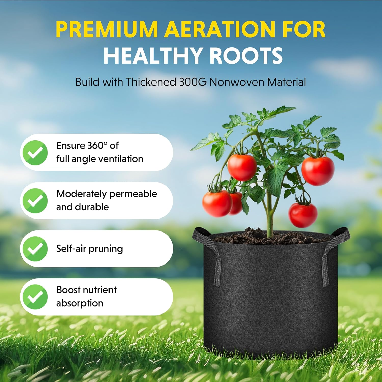 Ipower 5 Gallon 5 Pack Grow Bags Nonwoven Fabric Pots Aeration Container with Strap Handles for Garden and Planting, 5-Pack Black, 5 Gallon image number 2