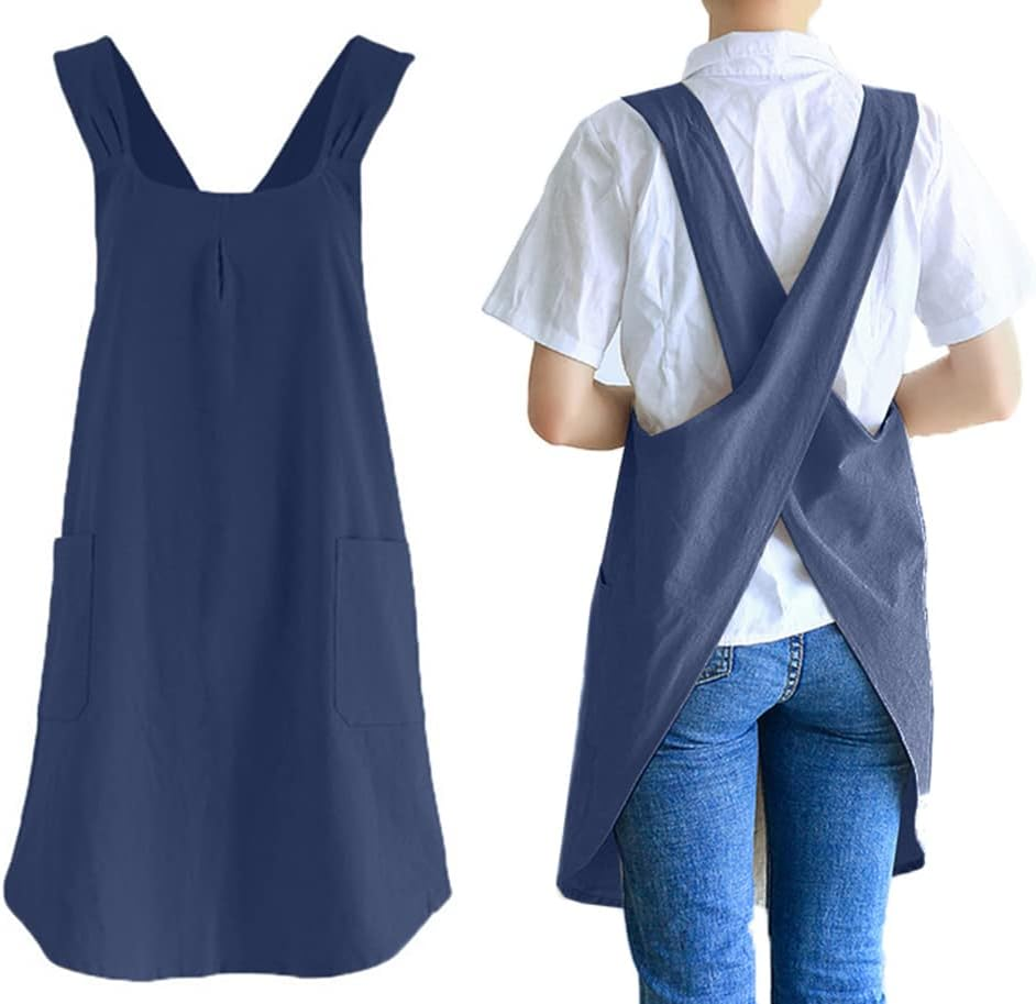Soft Cotton Linen Apron Cross Back X-Shaped Japanese Style Pinafore Dress for Cooking, Housewarming, Daily Chores