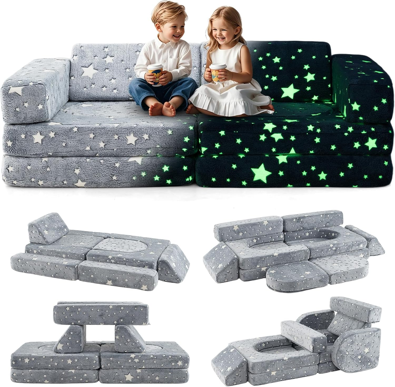 INFANS Modular Kids Play Couch, 8 PCS Toddler Creative Sectional Building Sofa for Playroom, Children Convertible Versatile Soft Foam Furniture Playset Crawling Cushion (Grey-Fluorescent, 10 PCS) image number 4