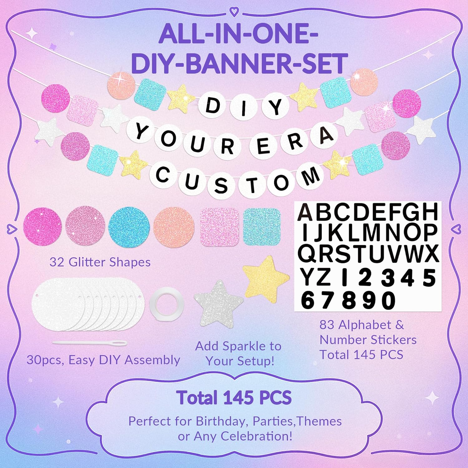 Fttoyoly 145 Pcs DIY Friendship Bracelet Birthday Banner, 5.4 Ft Glitter in My Birthday Era Banner Era Tour Decorations for Classroom Party Supplies