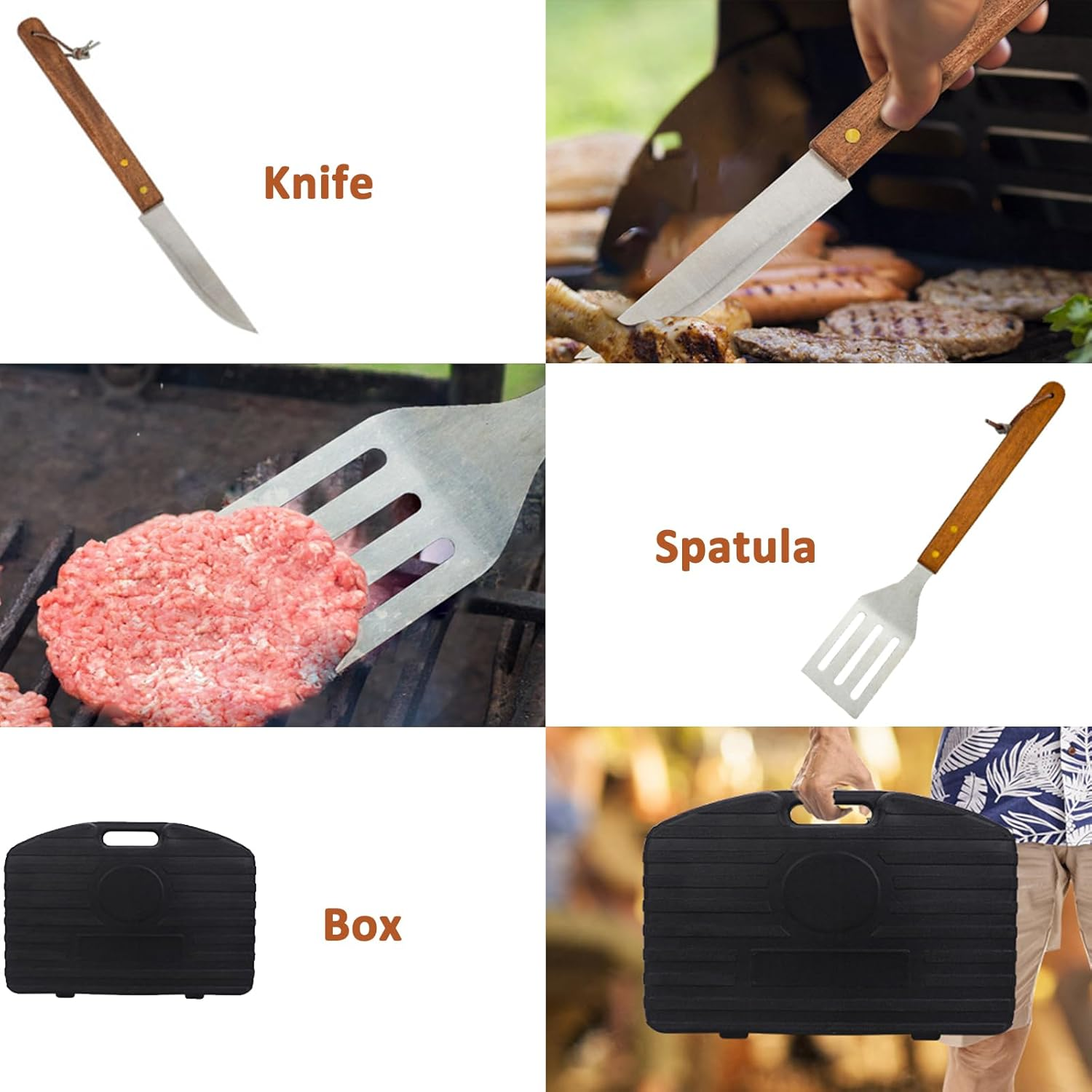 19 Piece Wooden Grill Tool Set, BBQ Accessories & Grill Tools, Durable Stainless-Steel Utensils with Recycled Plastic Case, Spatula, Tongs, Cleaning Brush & More, Grilling Gifts for Men image number 5