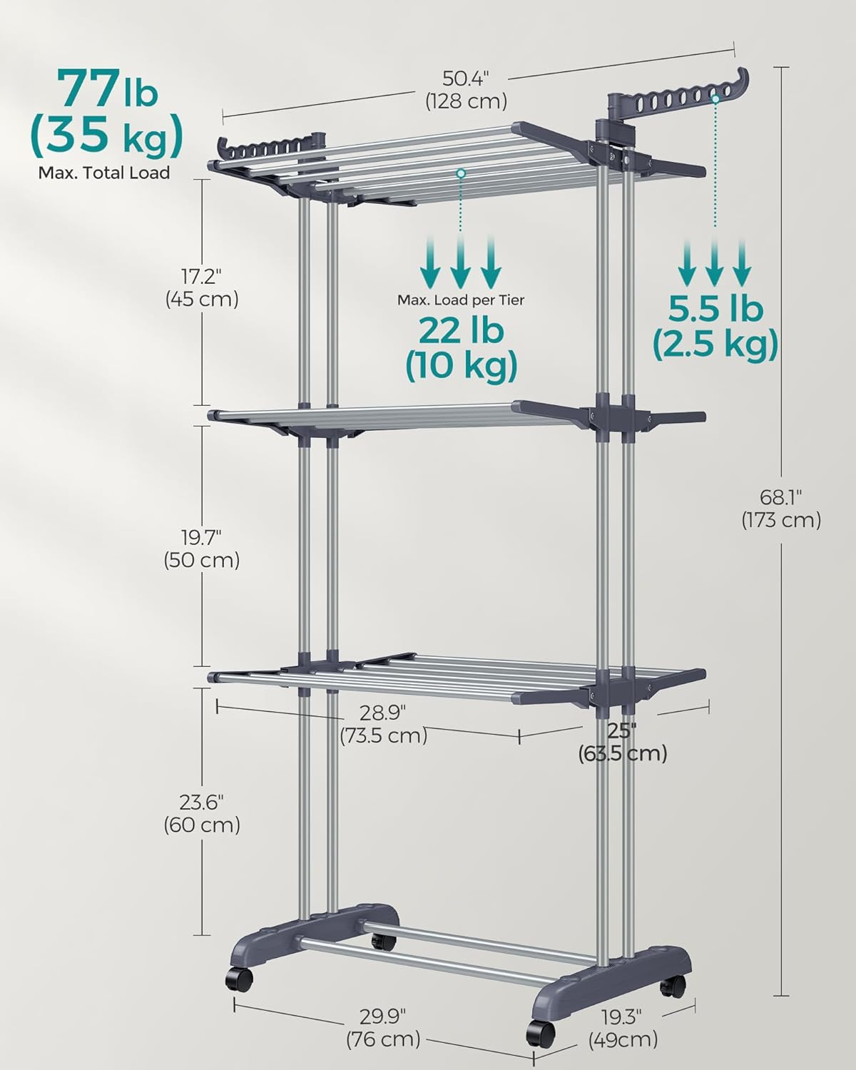 SONGMICS Clothes Drying Rack Stand 4-Tier, Foldable Laundry Drying Rack 67.7-Inch Tall, Stainless Steel, Rolling Clothes Horses Dryer Rack, Easy to Assemble, Indoor Outdoor Use, Gray ULLR701G01 image number 3