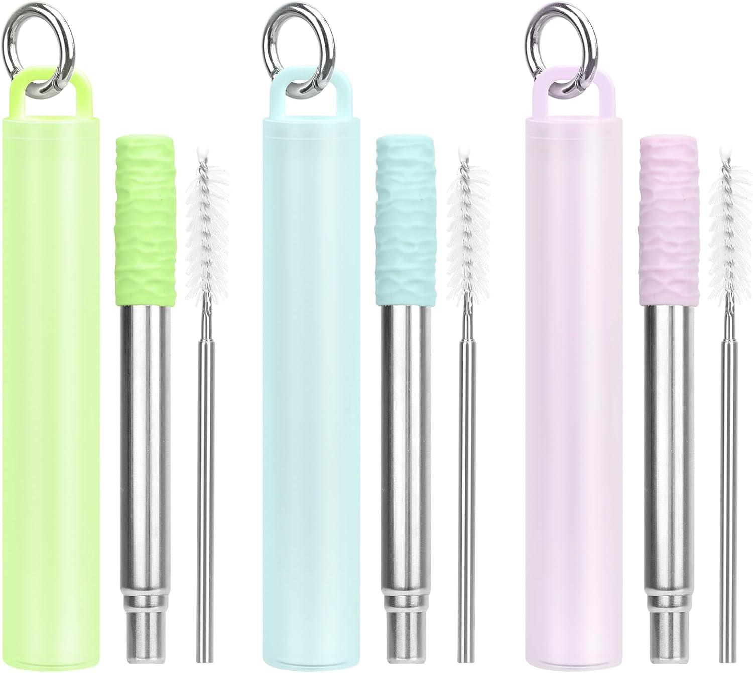 FYY Reusable Straws - 3 Pack Collapsible Stainless Steel Straws with Cleaning Brush and Silicone Tips Portable Travel Telescopic Drinking Straws with Storage Case and Keychain Ring image number 5