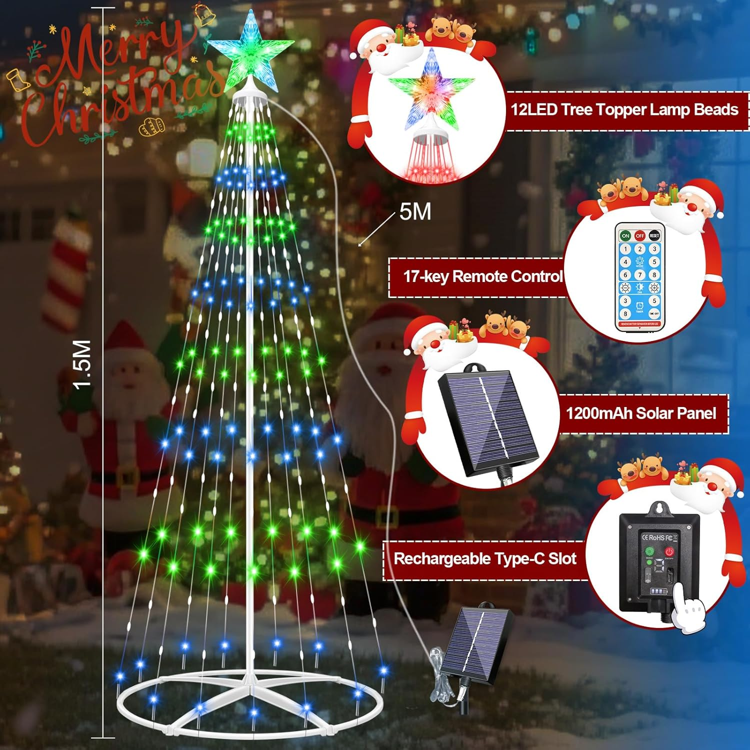HELESIN LED Christmas Cone Tree Light with Star Topper, 1.5M 204 LED Outdoor Lightshow Christmas Tree with 8 Modes Timer Remote for Yard Patio Indoor Decorations image number 6