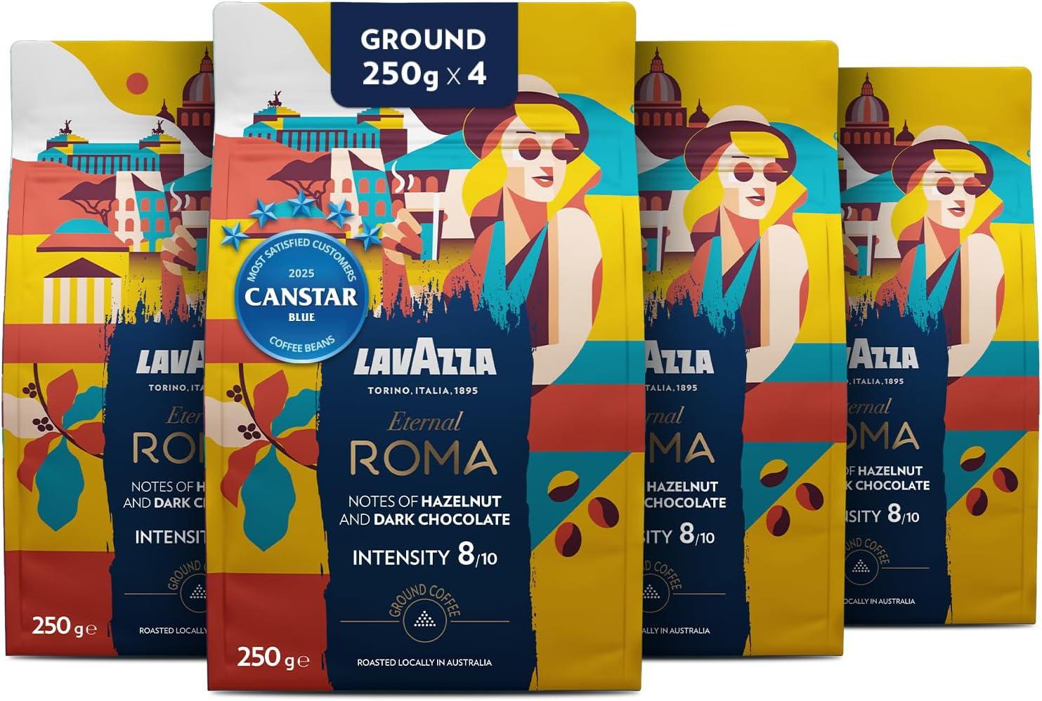 Lavazza, Tales of Italy Eternal Roma, 1 Kg, Ground Coffee, Ideal for Moka Pot, with Notes of Hazelnut & Dark Chocolate, Arabica & Robusta, Intensity 8/10, Medium Roasting, Roasted in Australia, 4X250G image number 1