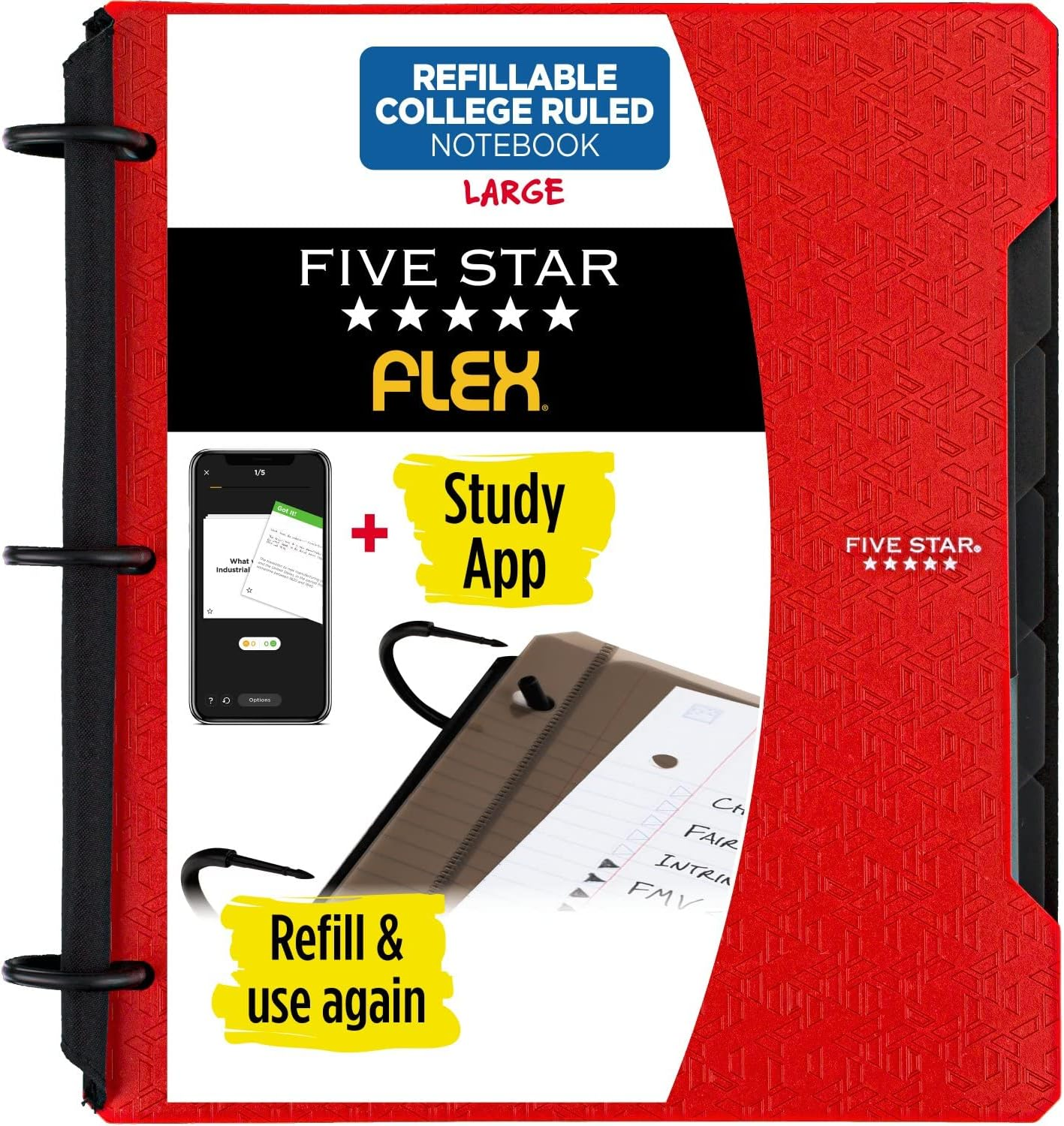 Five Star Flex Refillable Notebook + Study App, College Ruled Paper, 1 Inch Techlock Rings, Pockets, Tabs and Dividers, 200 Sheet Capacity, White (29328AE2)