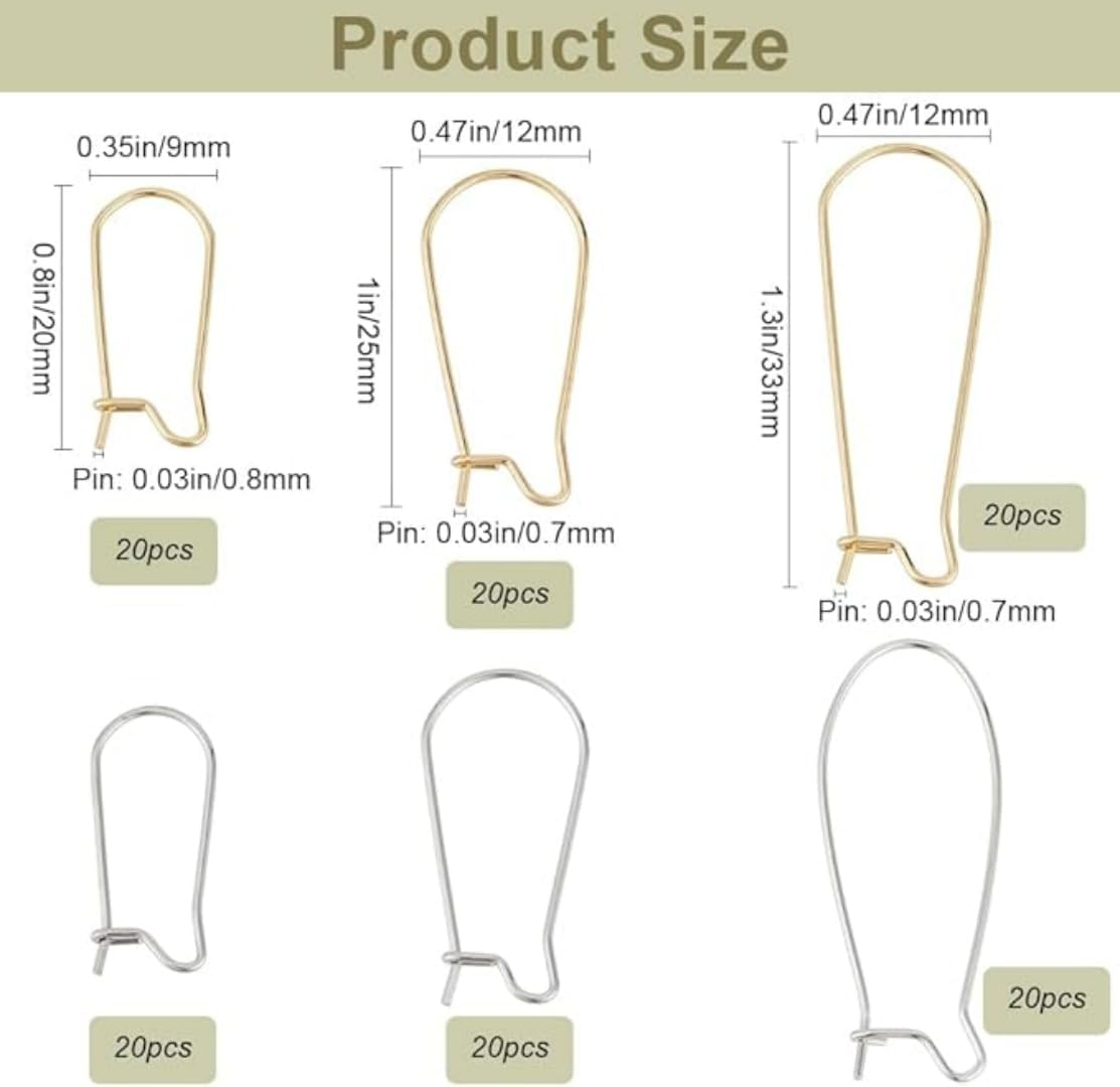 120Pcs Earring Hooks Stainless Steel Kidney Ear Wires Interchangeable Dangle Earwire Hooks Gold Silver Mixed Sizes Earring Findings Parts for DIY Jewelry Making，For DIY Jewelry Making image number 3