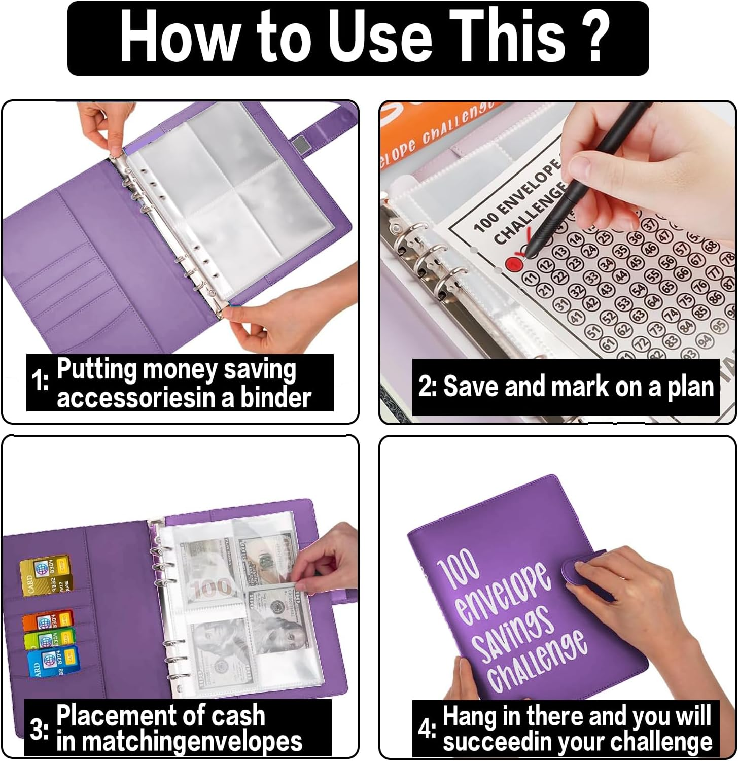 100 Envelope Challenge Binder, Savings Challenges Sheets,Easy and Fun Way to save $5,050, Budget Binder with Cash Envelopes, Savings Challenges Binder, Budget Planner Book for Budgeting (Purple) image number 5