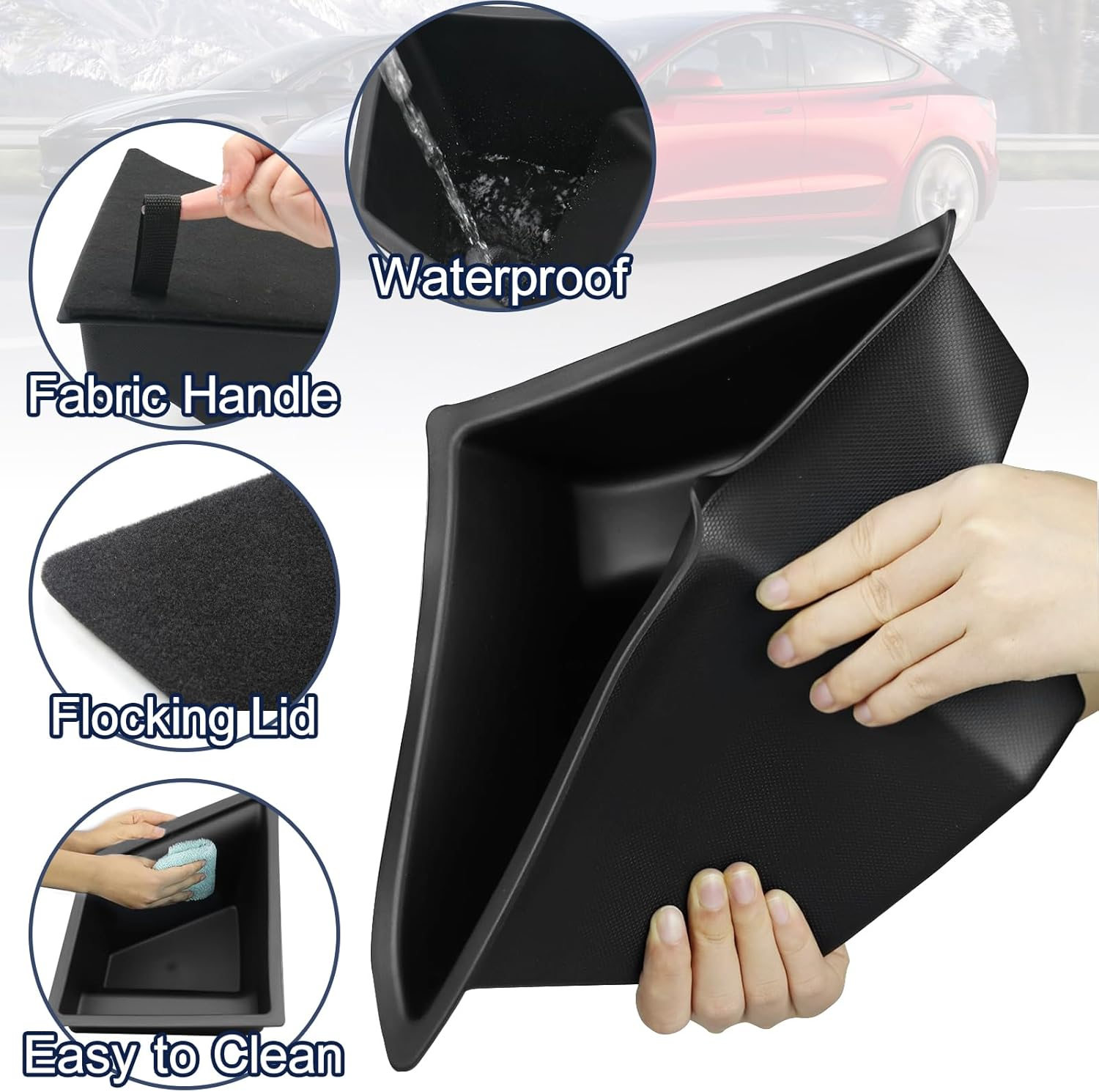 Car Trunk Organizer for Tesla Model 3 Highland 2025 2024, 2-Pack Rear Trunk Storage Boxes with Lids, TPE Waterproof Trunk Side Packets Tray Storage Bins Accessories image number 6