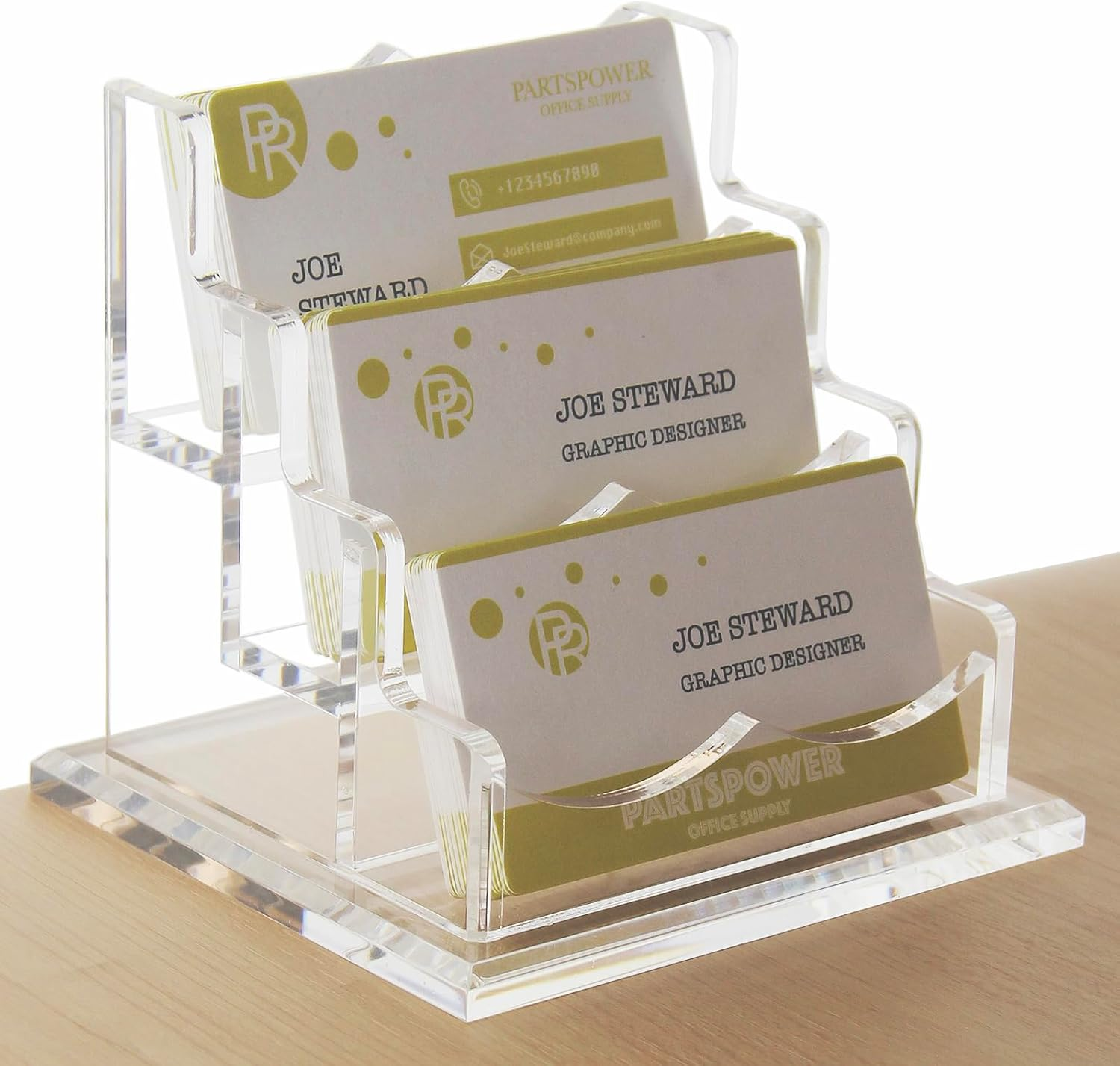PARTSPOWER Acrylic Business Card Holder for Desk, Horizontal Clear Business Name Card Display Stand, Desk Accessory Business Name Card Organizer (Horizontal, 3-Slot) image number 5