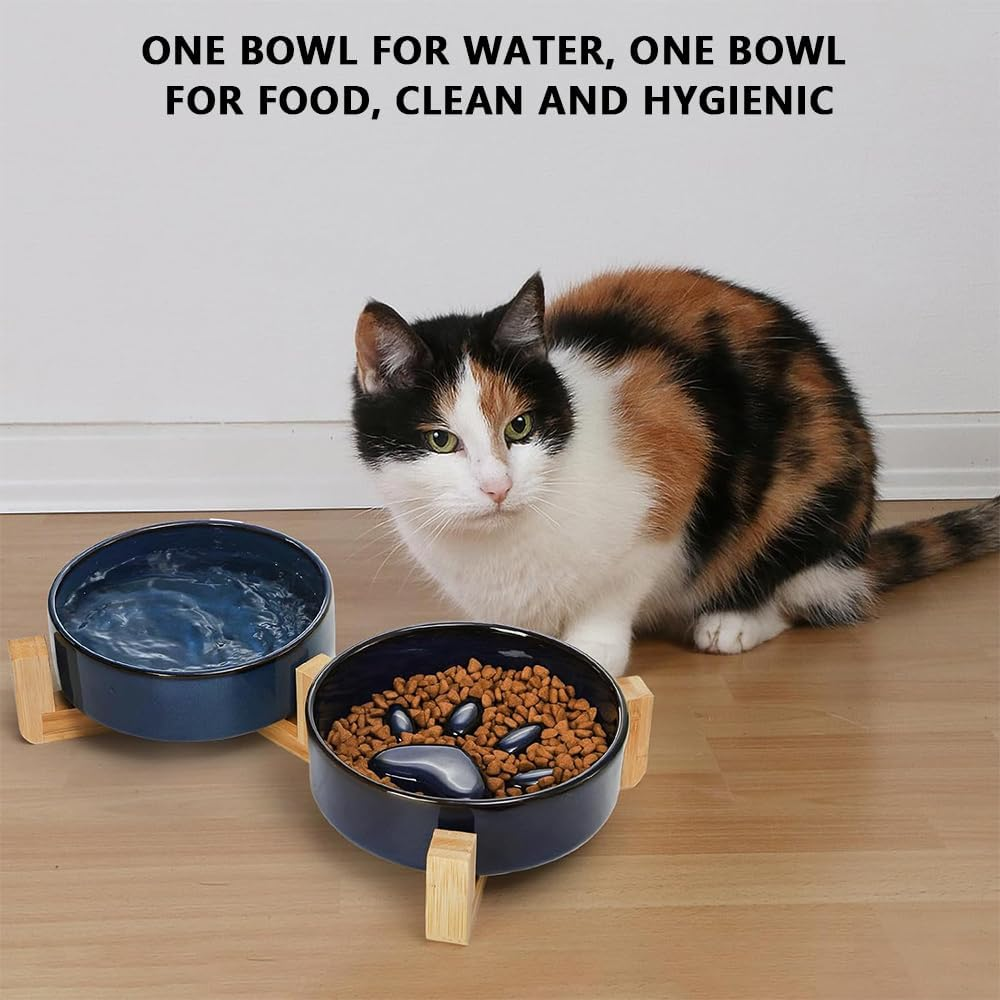 HYAVIA Ceramic Dog Bowl Set with Wooden Stand &ndash; 450 ML Non-Slip Food & Water Bowls for Small and Medium Dogs & Cats, Matte Glaze, Raised Slow Feeder Dish to Prevent Choking (Blue) image number 6